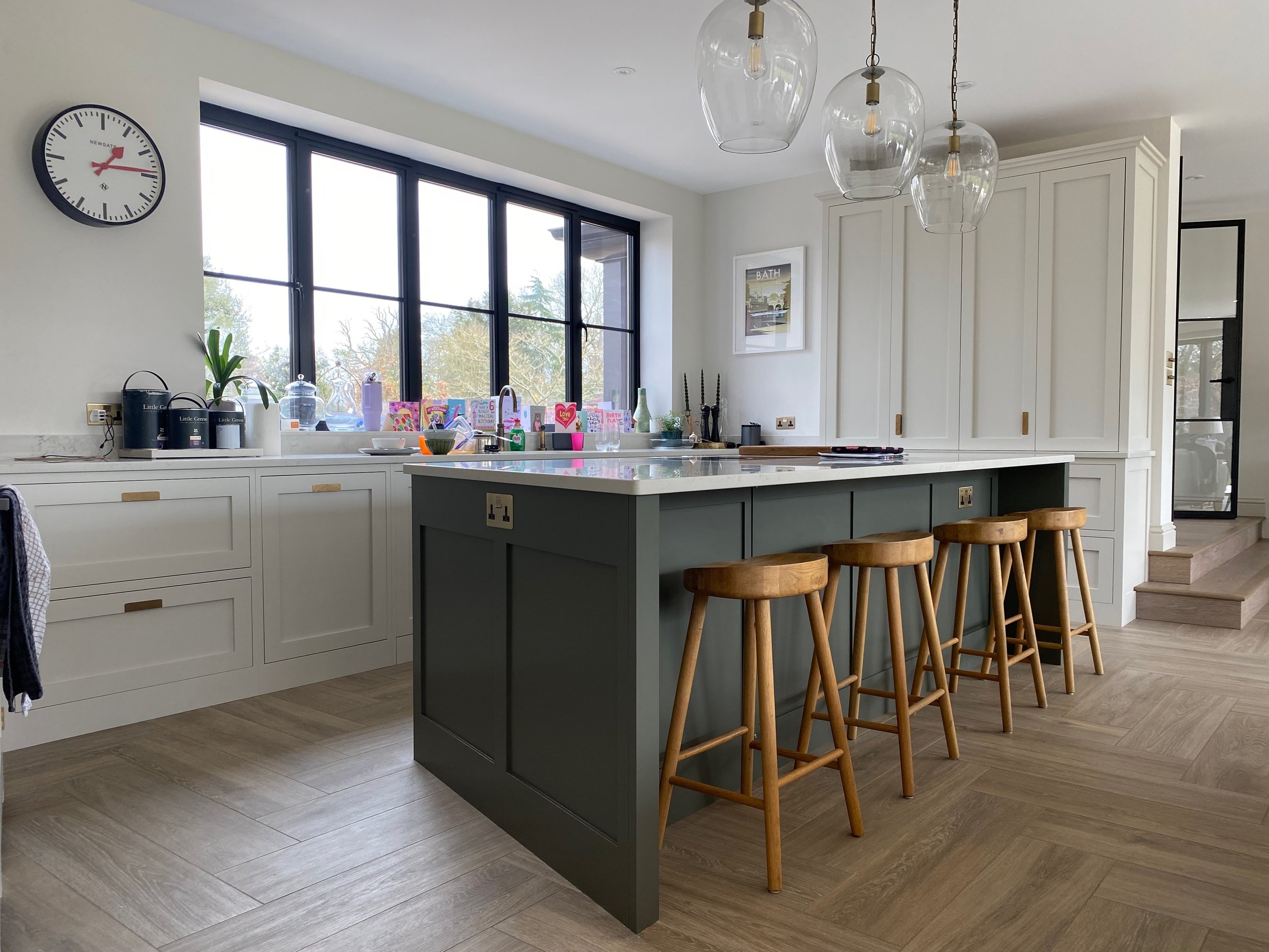 A beautiful kitchen by Higham Furniture hand painted in Little 'Pompeian Ash'  & 'French Grey'