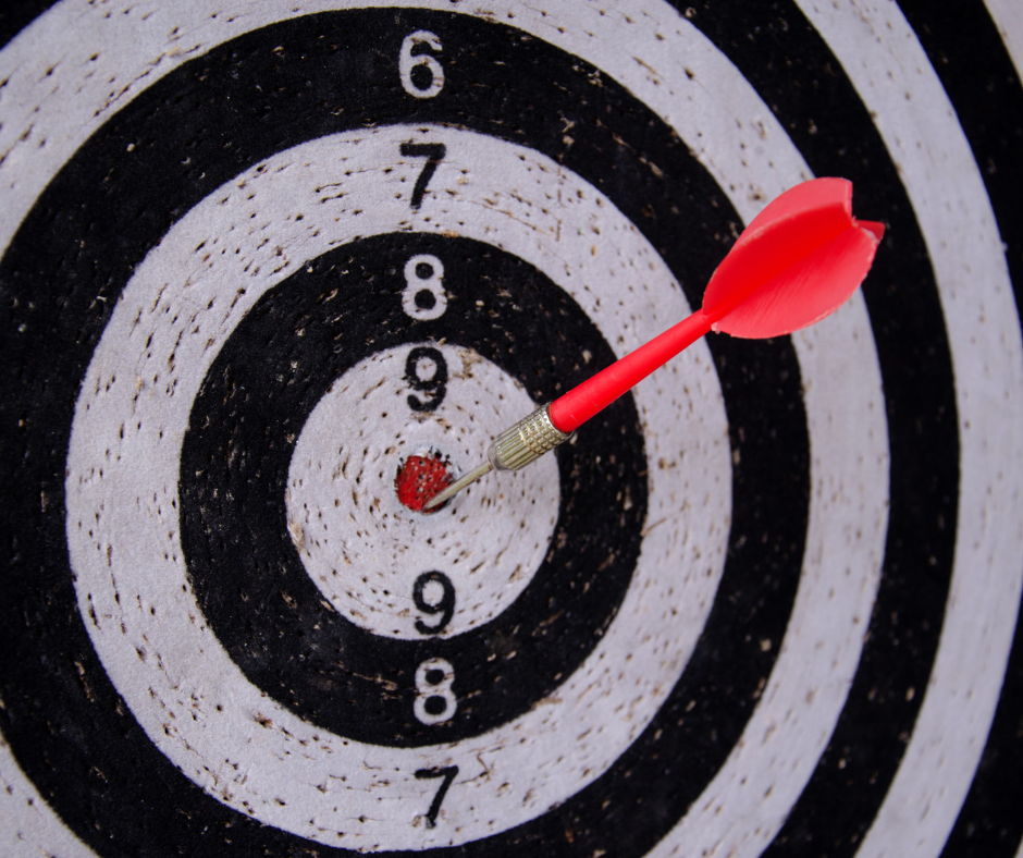 A black and white target with concentric numbered rings and a red dart hitting the bullseye.