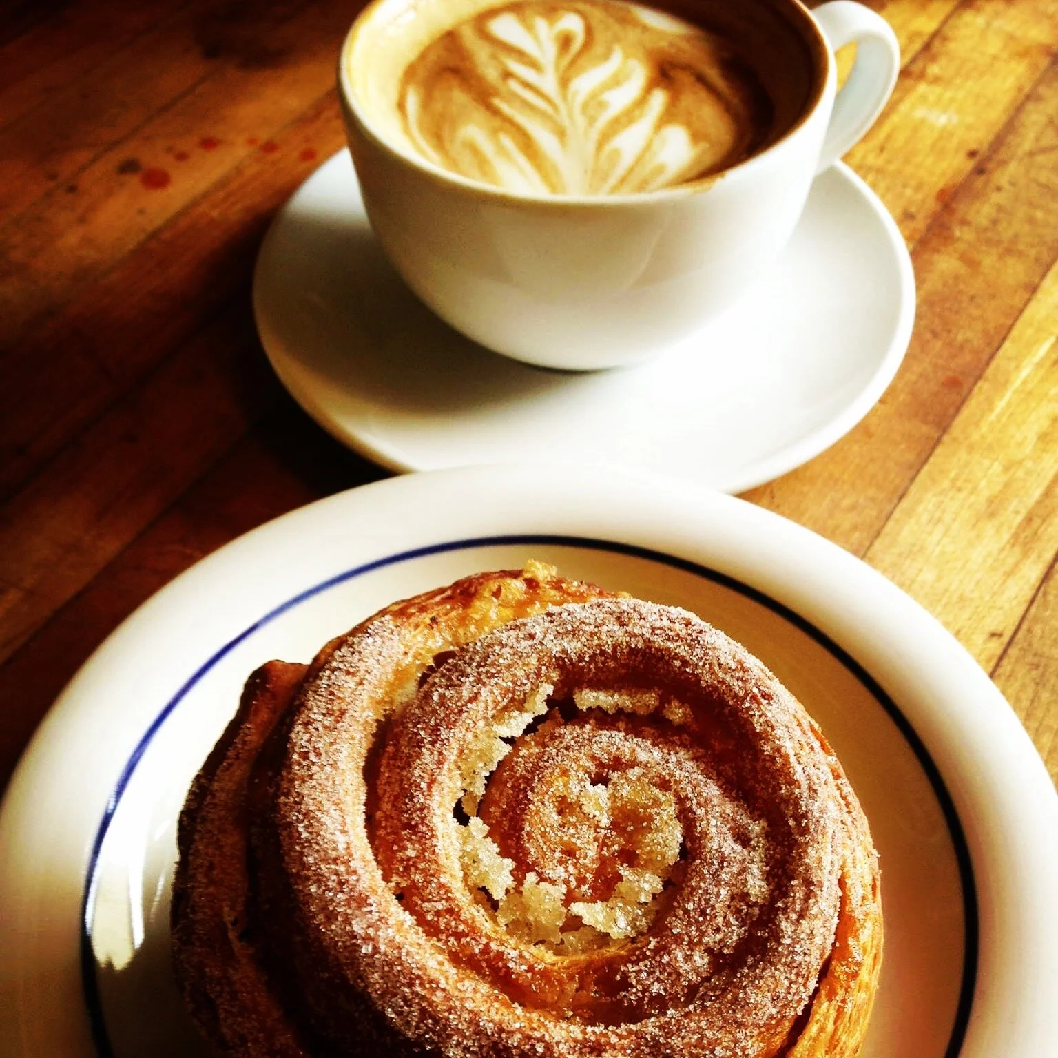 sweet roll and latte made fresh at Good Life Cafe & Bakery in Mendocino, CA