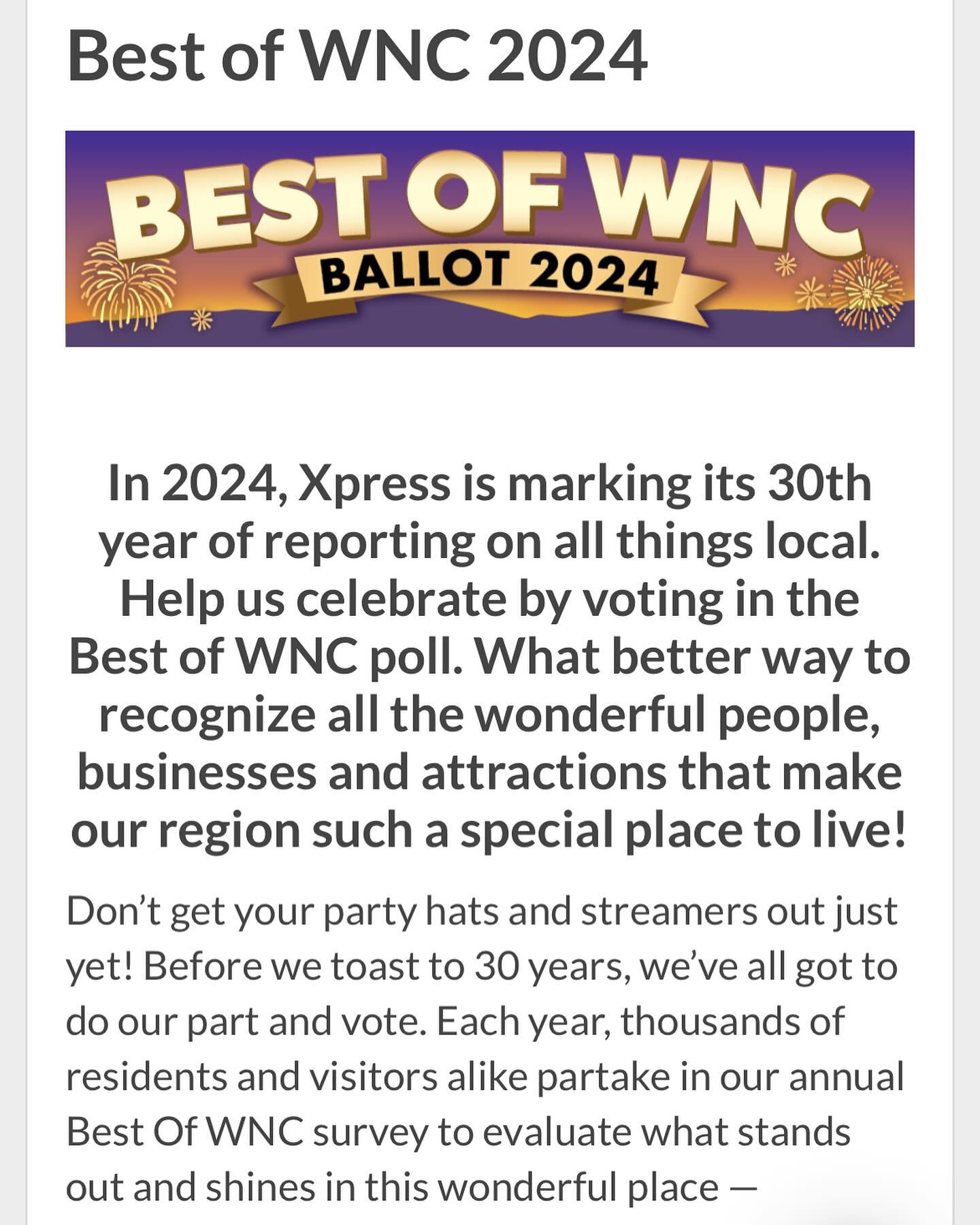 We are on the home stretch! Final week to vote for us in the Mountain X Best of WNC! We would love your support!

https://ballot.bestofwnc.com/index.php/627278