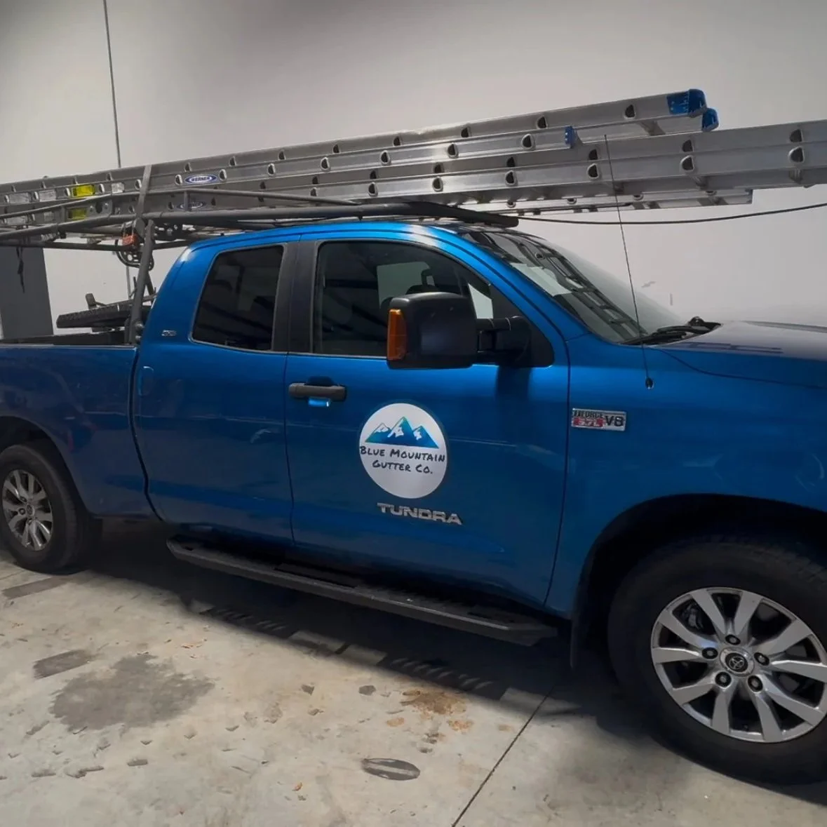 The Blue Mountain Gutter Co. truck sitting in our shop in Arden, NC