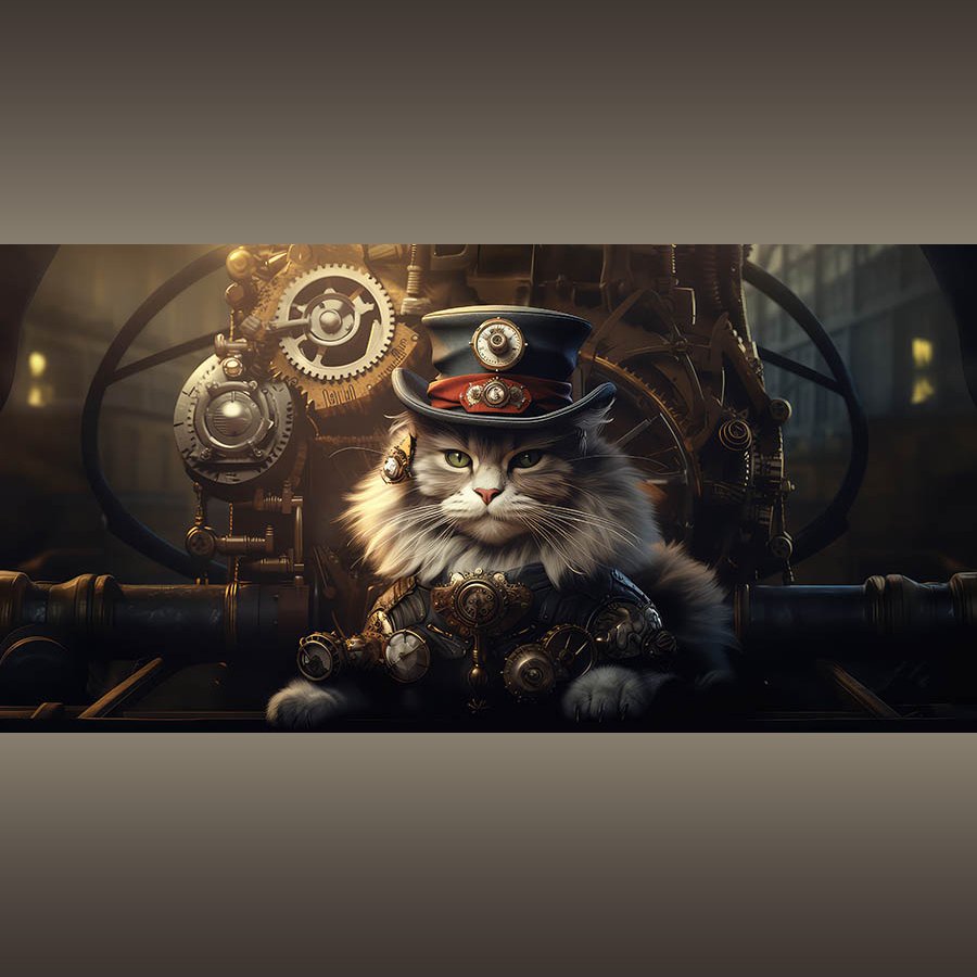 Steampunk Maine Coon Cat In A Hat, In Front Of Pipes And Valves, 6K x 3K