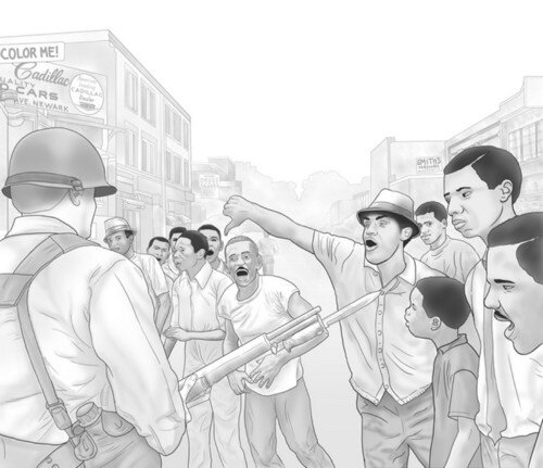  National Guardsman on patrol amidst a crowd of unhappy Newark residents.  Illustrated by Daniel J. Middleton  