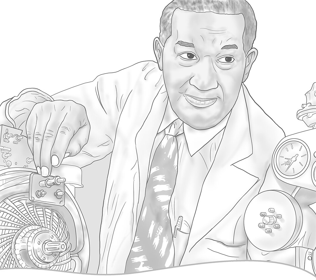  Frederick McKinley Jones pictured with a self-designed component to a refrigeration unit.  Illustrated by Daniel J. Middleton  