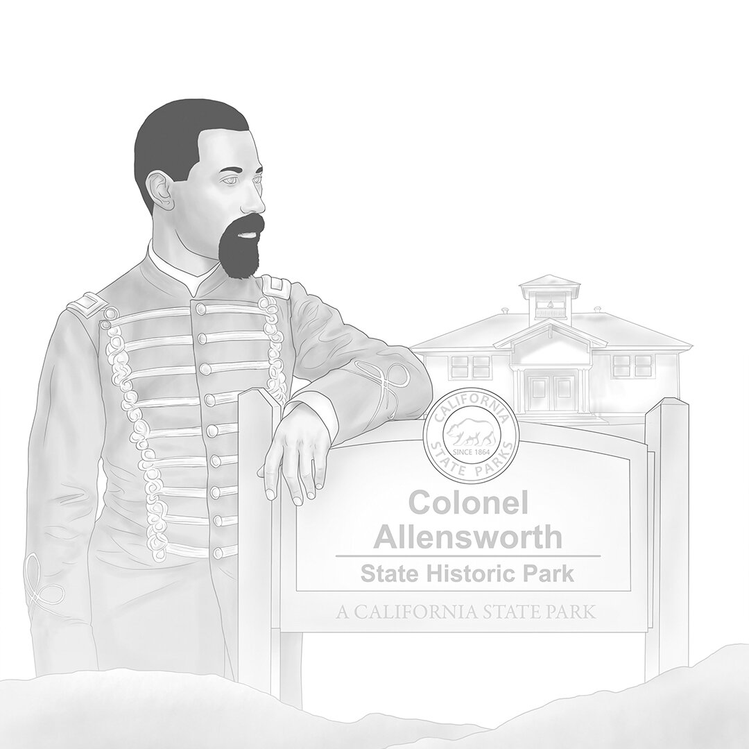  Colonel Allensworth pictured with the school and the park sign.  Illustrated by Daniel J. Middleton  