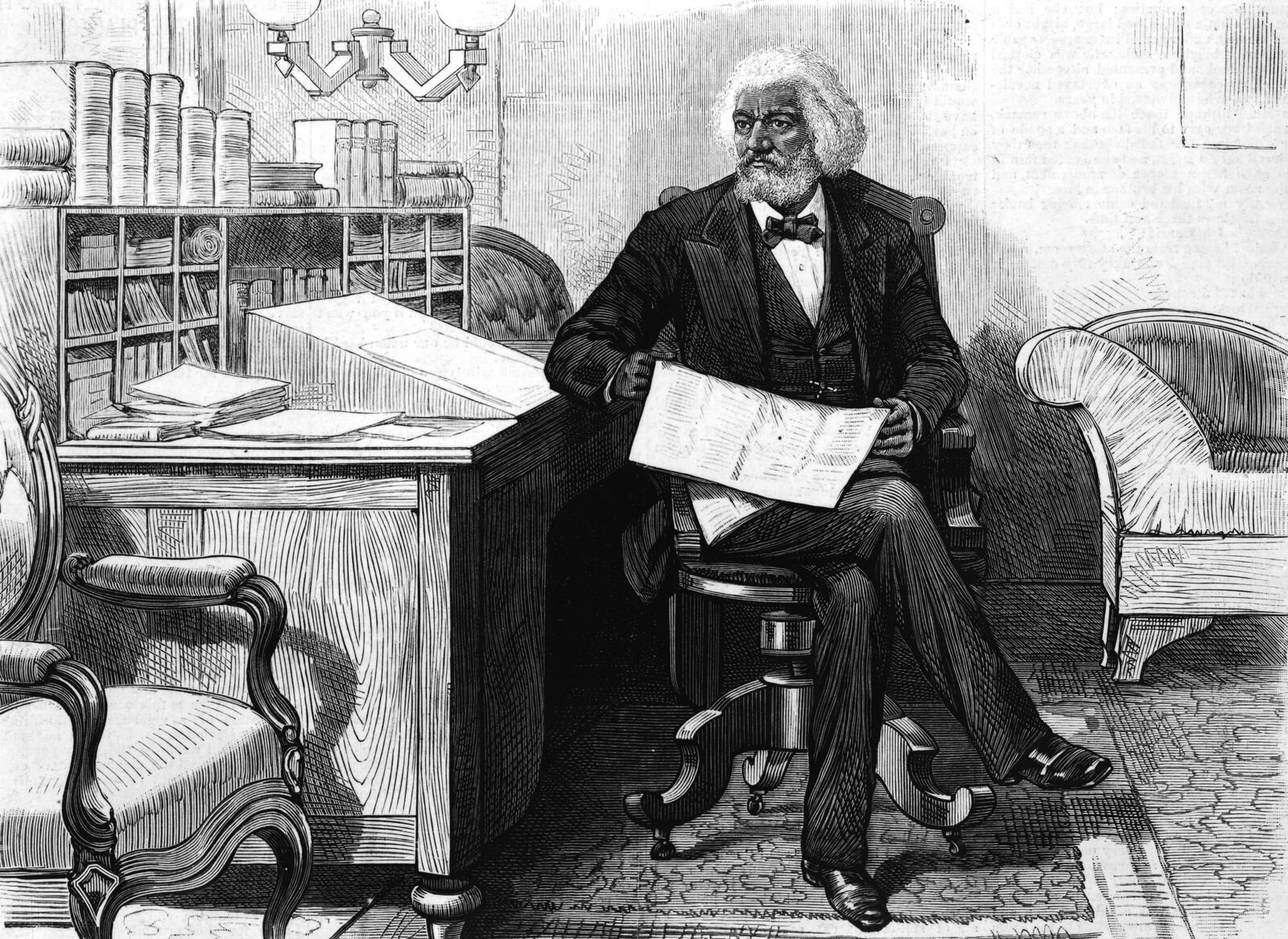  Abolitionist Frederick Douglass editing a newspaper at his desk. Illustration: Hulton Archive/ Getty Images . 