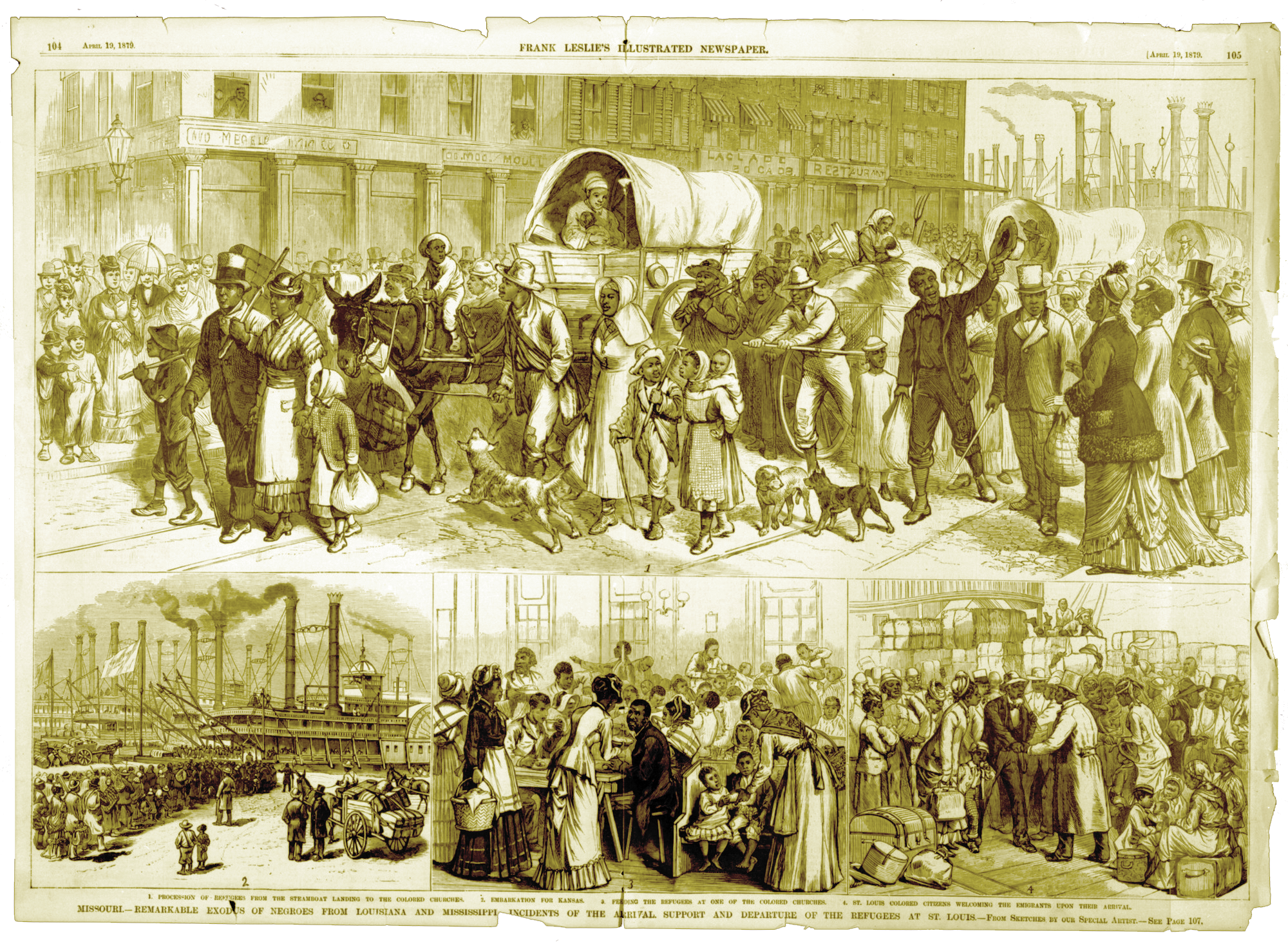  An adapted print from Frank Leslie’s Illustrated Newspaper, which depicts blacks heading to Kansas via St. Louis in 1879. This illustration highlights scenes of the Exoduster experience in St. Louis, which included thousands who traveled through St.