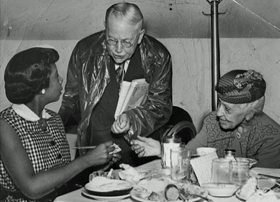  Mary Church Terrell (right) returned to Thompson’s Restaurant for a victory meal on June 12, 1953, four days after the Supreme Court ruling. Pictured left is Lois Taylor, a reporter for  the Afro-American newspaper . Reverend Graham G. Lacey, pastor