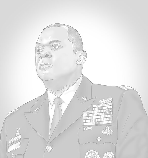  Depiction of General Lloyd Austin III at a 2014 Pentagon briefing.  Illustrated by Daniel J. Middleton . 