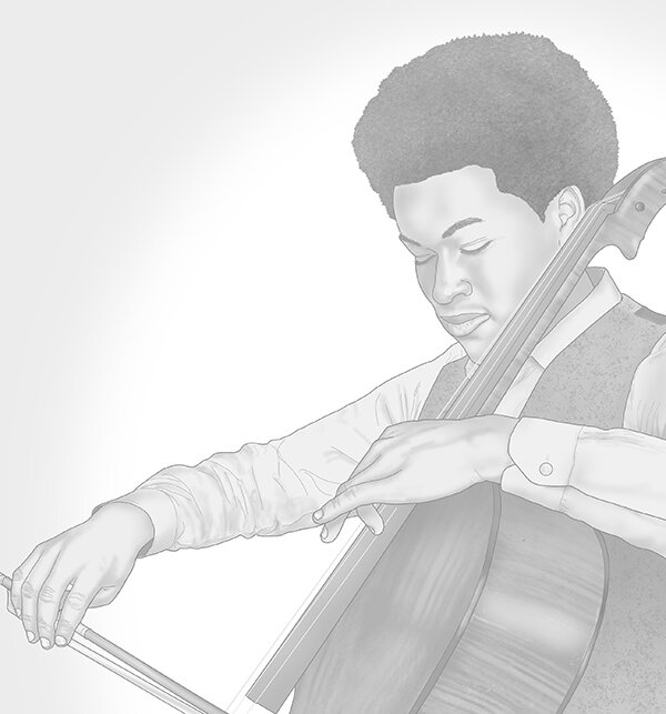  Sheku Kanneh-Mason playing the cello.  Illustrated by Daniel J. Middleton . 
