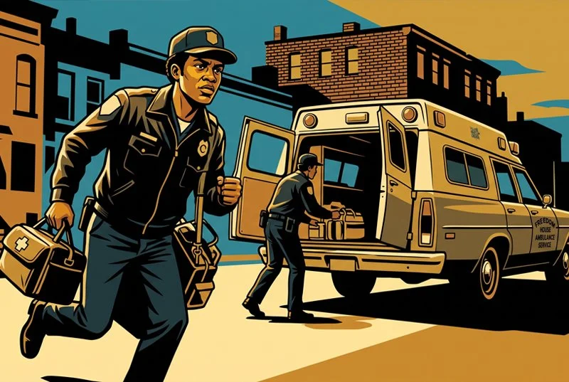 Freedom House Ambulance Service paramedics in 1970s Pittsburgh, illustrated in vintage poster style, loading equipment into a retrofitted ambulance.