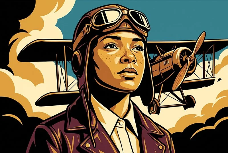 Bessie Coleman, illustrated in vintage aviation poster style