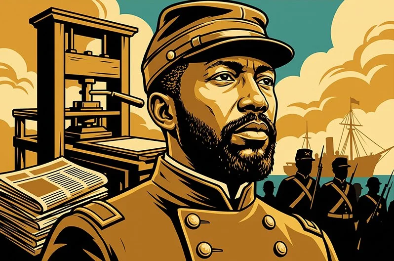Martin Delany, illustrated in vintage poster style, wearing a Union Army officer's uniform against a Civil War-era backdrop.