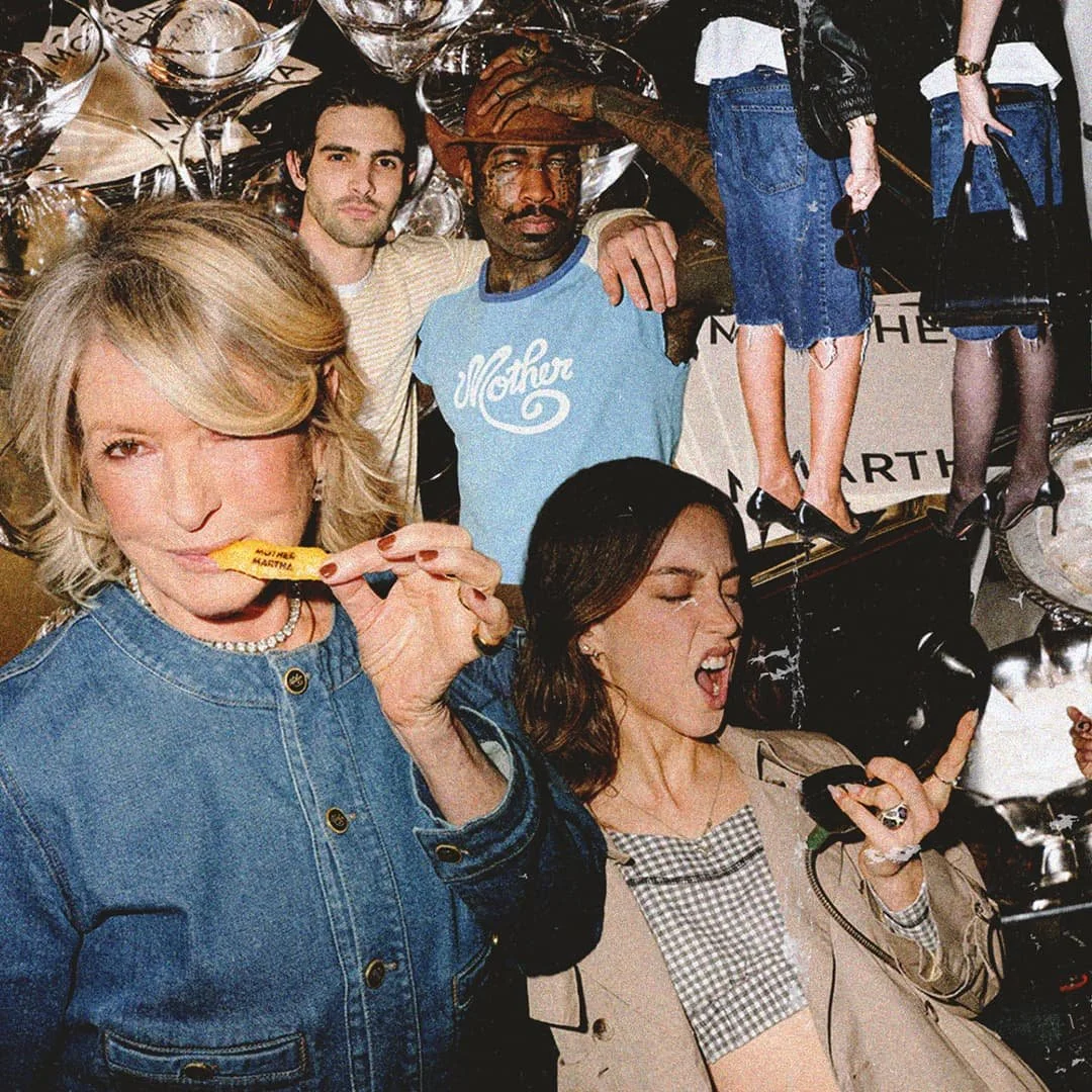 A group of people posing for a photo, with some holding objects and others making expressions. The background has balloons and a banner.