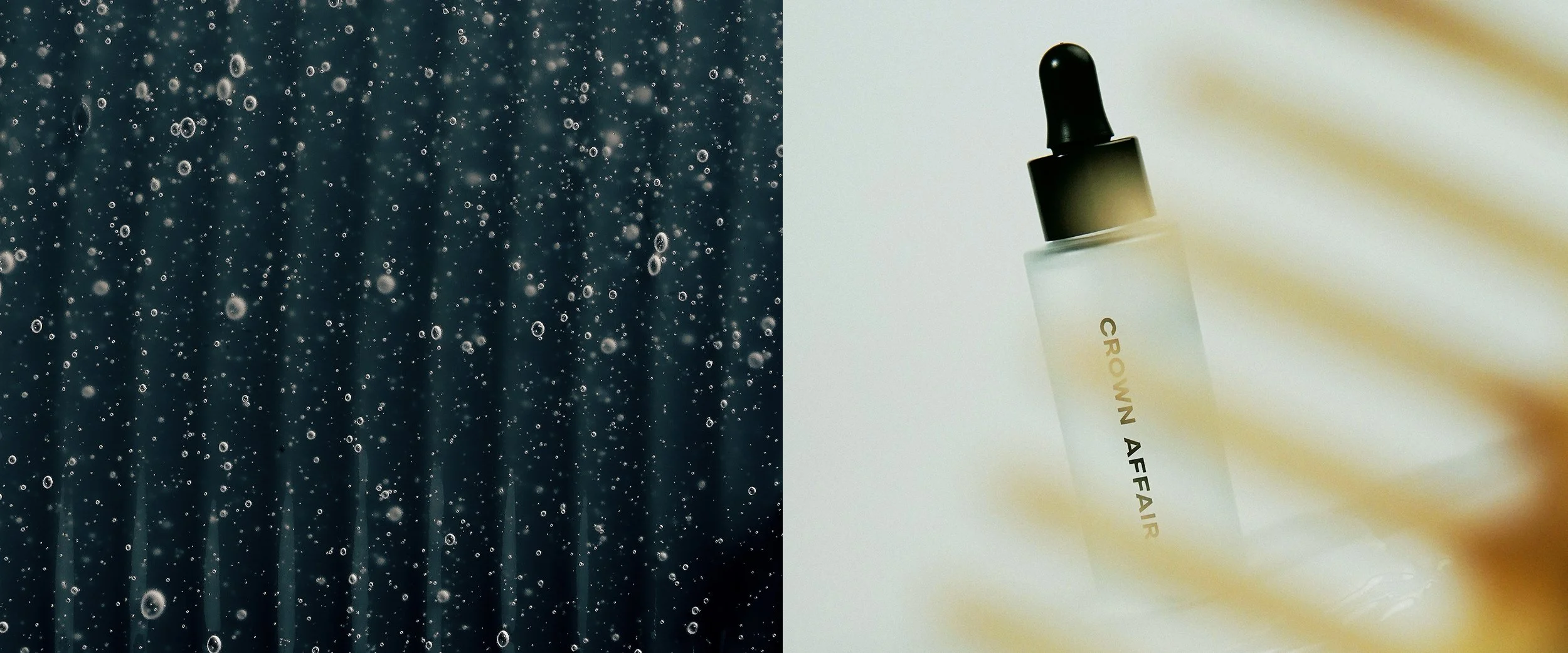 A photo split into two parts: the left side shows a close-up of a rain shower with water droplets on glass, and the right side shows a dropper bottle labeled 'CROWDWN AIR' with a white background.