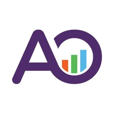 Logo with the letter A and D, featuring a circle with a bar chart in red, green, and blue inside.