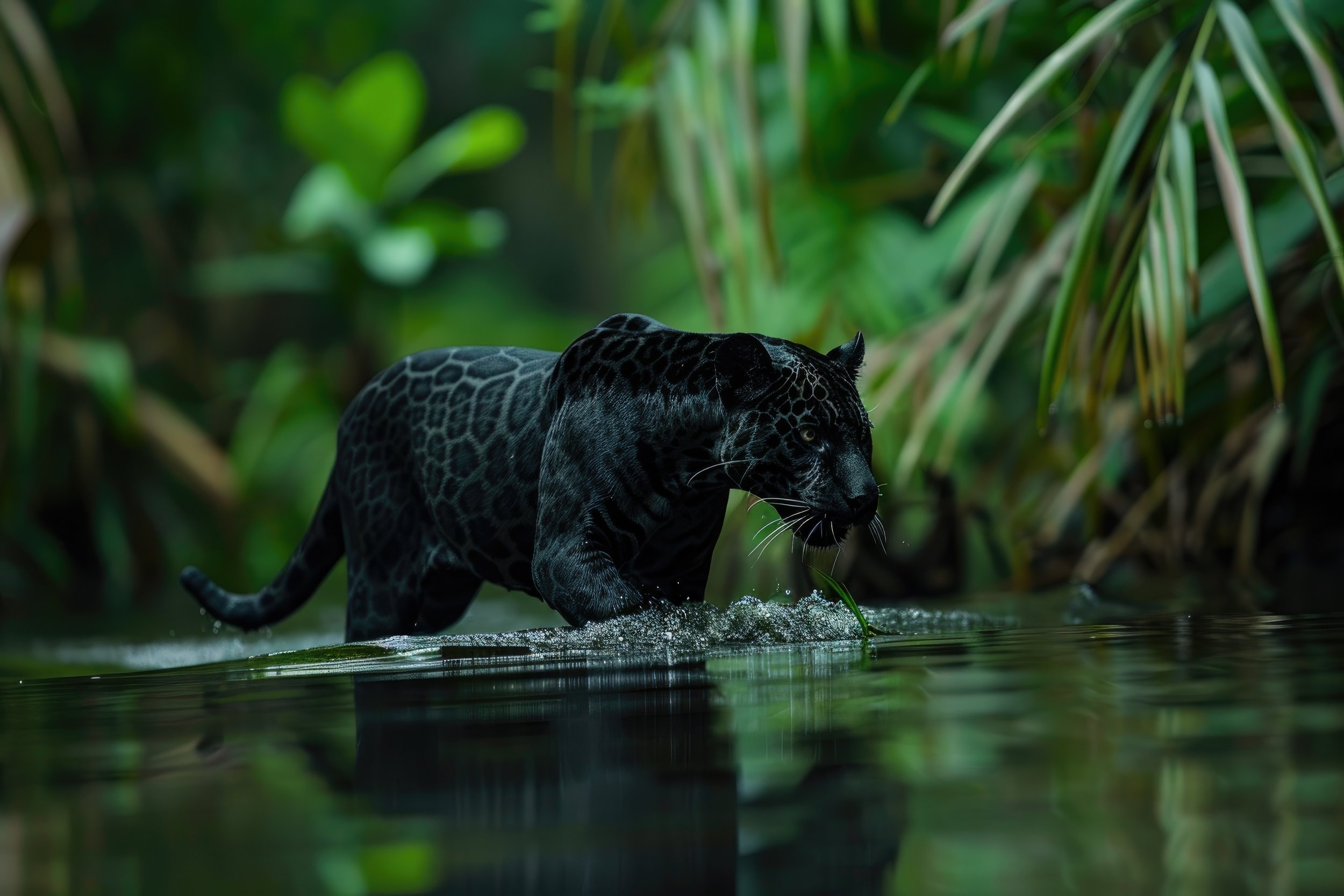 A black panther walking through shallow water in a lush green jungle.