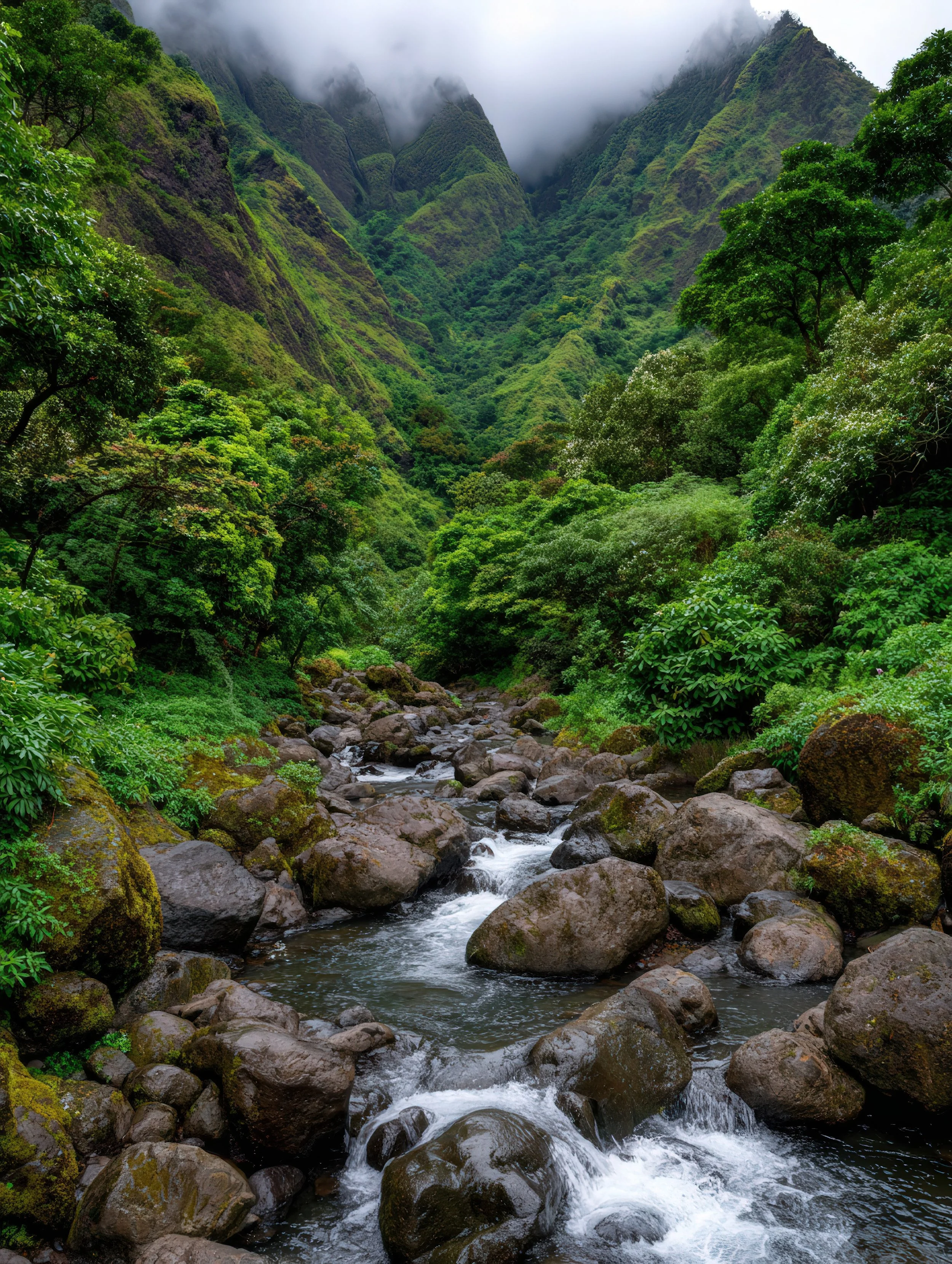 A lush green valley with dense trees and mountain peaks partly shrouded in clouds, with a rocky stream flowing through the valley.