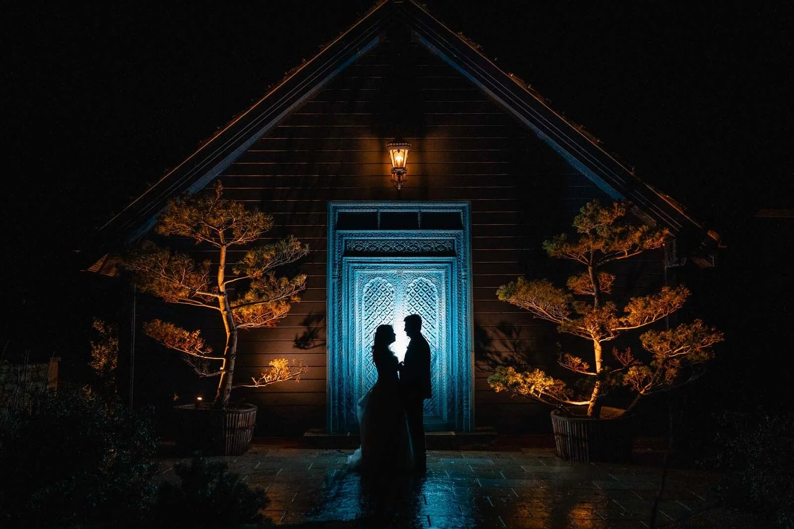 Silhouette of a couple embracing in front of a lit doorway at night, with trees and a lantern nearby.