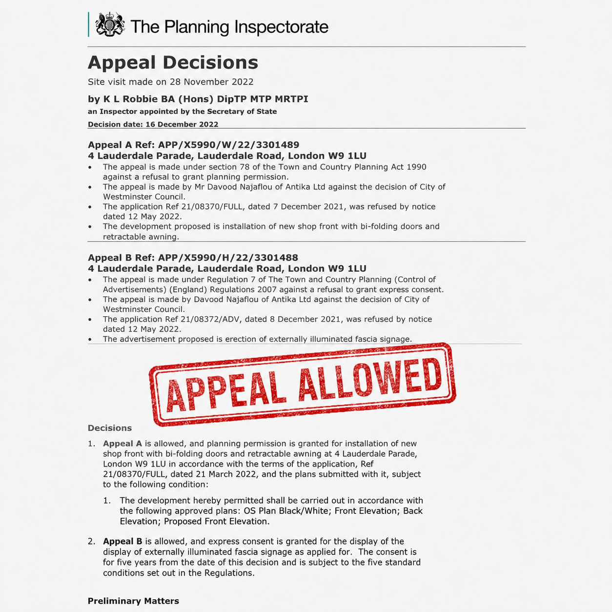 Westminster Shopfront Appeals Allowed