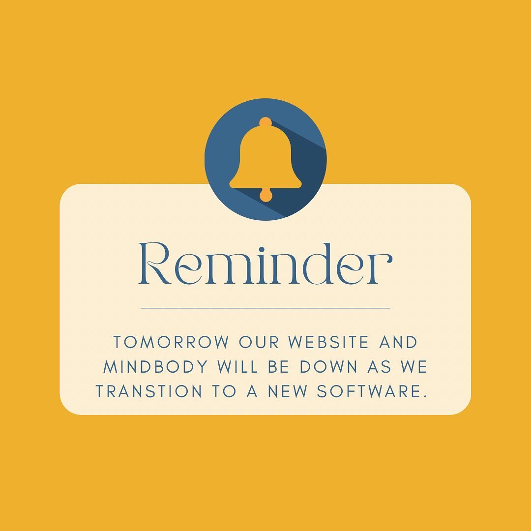 Remember to book your classes for tomorrow by this evening.
We will be transitioning to a new, more user friendly software and you will not have access to the current app or website. 

If you need to make a change, cancel or book a class tomorrow, yo