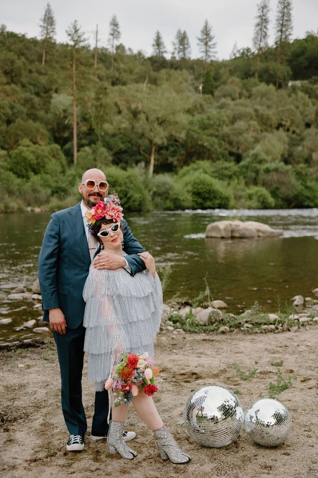 Wedding Couples by the American River with Disco Balls
