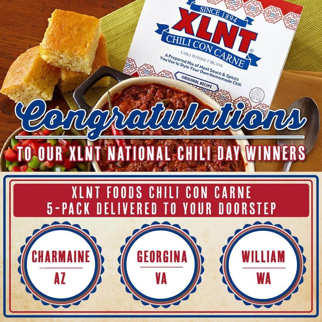 Congratulations to Charmaine in Arizona, Georgina in Virginia and  William in Washington St. for being our 2024 XLNT Foods National Chili Day Giveaway winners! A shipment of XLNT Chili Con Carne 5-pack will be delivered to your doorstep this week. We