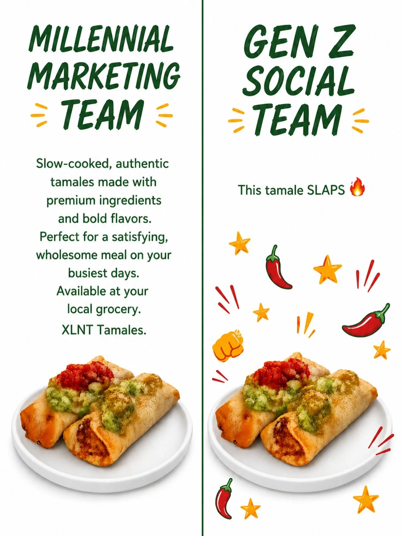 Which side are you? 👀👇

#XLNTTamales #GenZvsMillennial #FoodieFinds #Tamales #MexicanFood