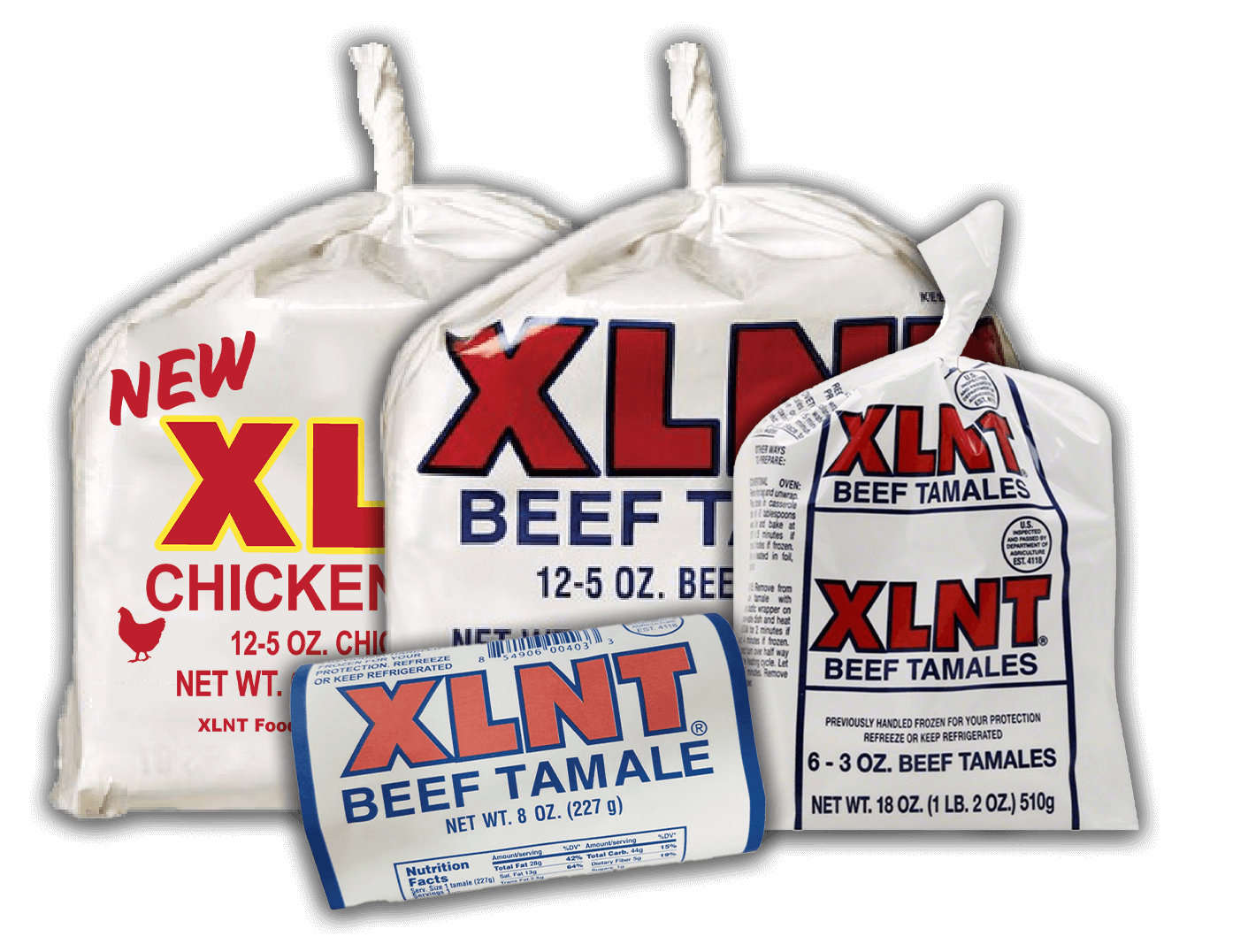 XLNT Foods 5oz - 12pack Beef Tamales 5oz -12pack Chicken Tamales 3oz - 6pack Beef Tamales 8oz Beef Tamales