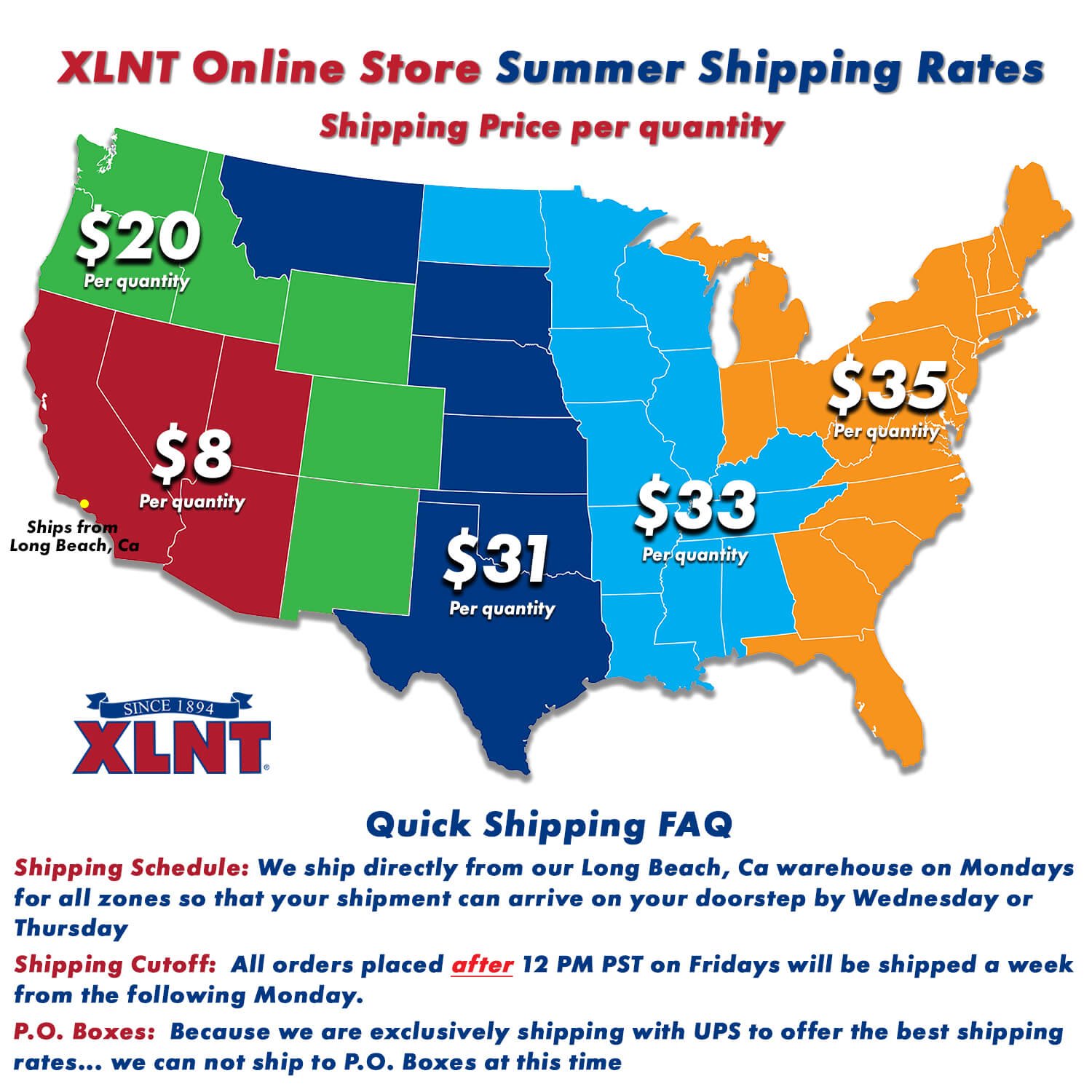 XLNT Foods Online Store Summer Shipping Rates Map