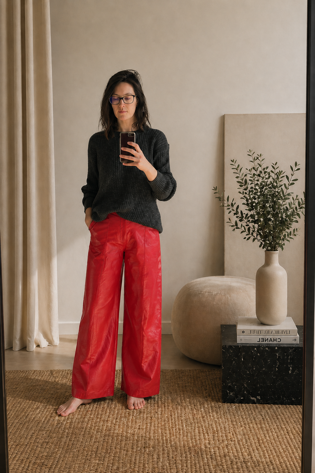 A woman with dark hair and glasses taking a mirror selfie in a minimalist room. She is wearing a black sweater and red wide-leg pants, barefoot on a woven rug. Behind her, there is a beige curtain, a small black marble table with books and a beige vase with green foliage, and a large beige pouf with a framed botanical print leaning against the wall.