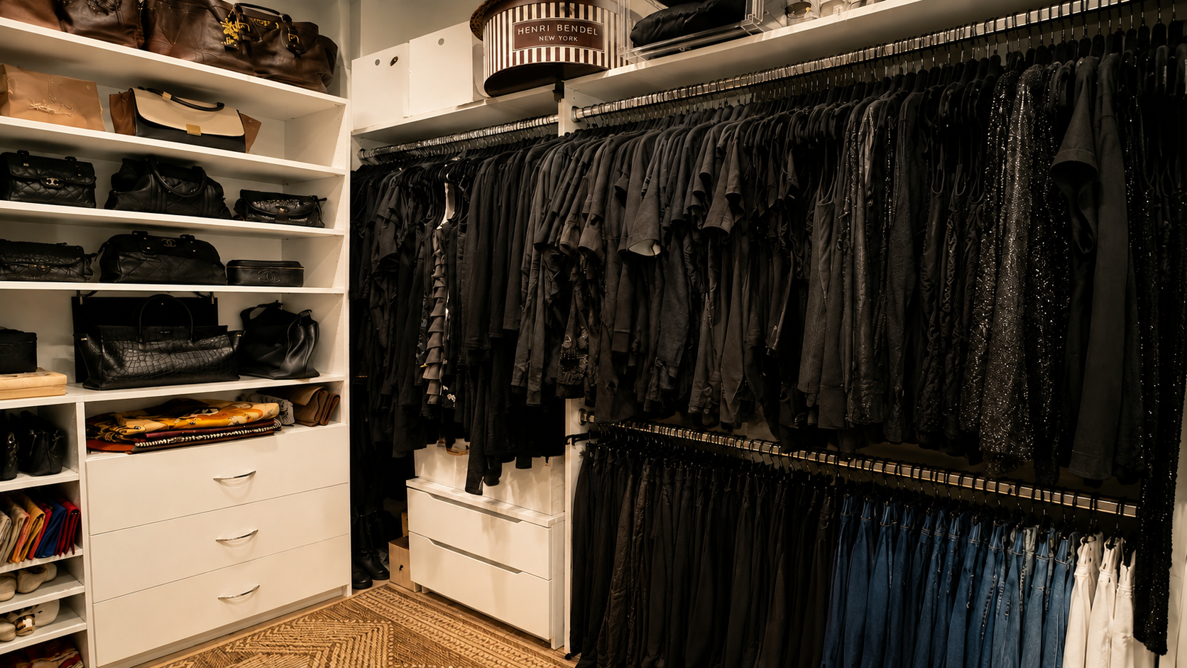 A walk-in closet with black clothing hanging on racks and white shelves filled with designer handbags and accessories.