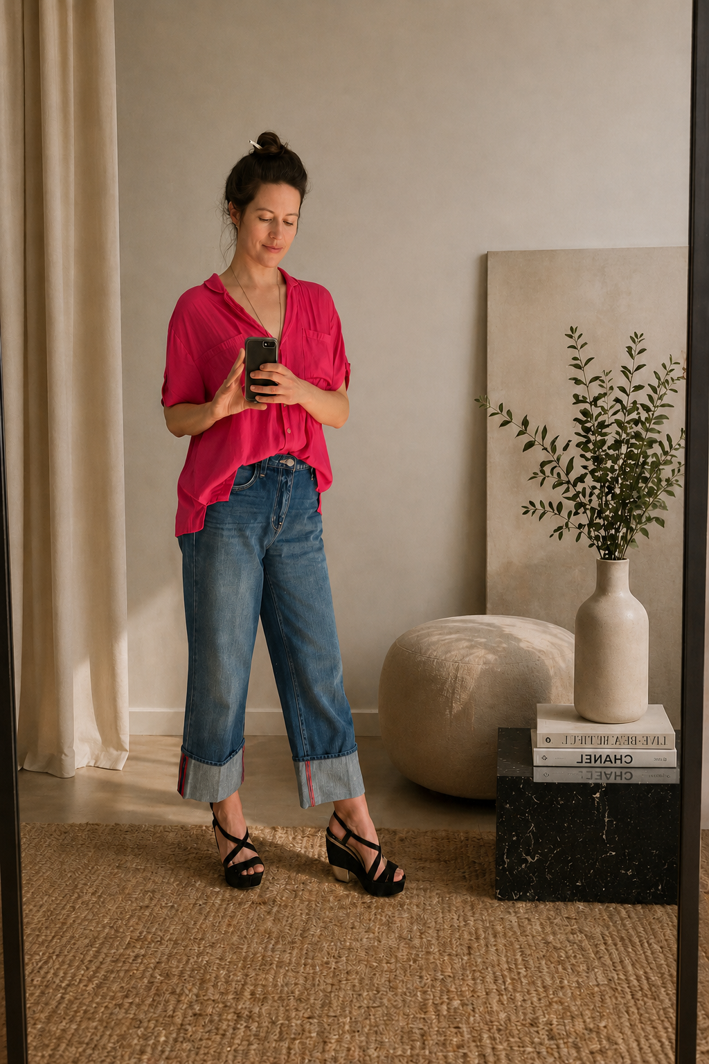 A woman taking a selfie in a mirror, wearing a bright pink blouse, cuffed jeans, and black high-heeled sandals, standing in a modern minimalistic room with a potted plant, a stack of books, and decorative items.