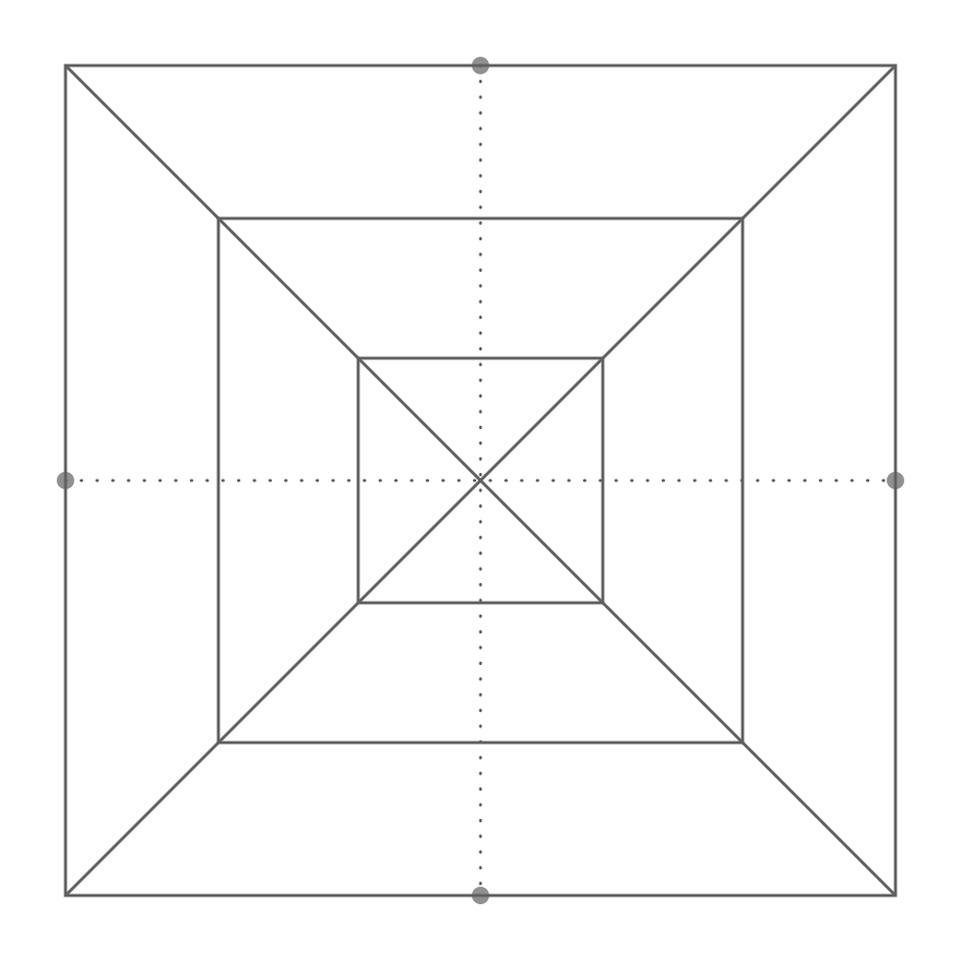 Geometric drawing of an outline square with sections divided by vertical, horizontal, and circle lines.