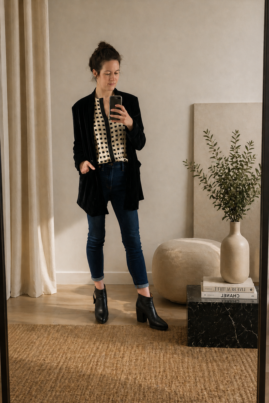A woman taking a mirror selfie in a room with beige walls. She wears a black coat, a patterned blouse, dark blue jeans, and black ankle boots.