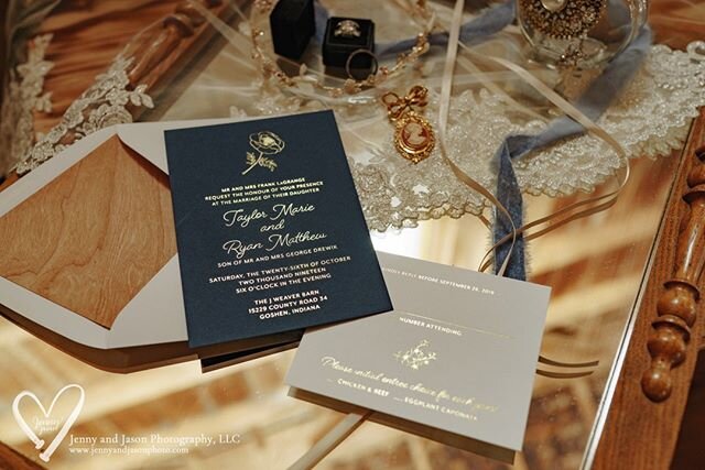 Wood envelope liners. Gold foil printing. Upscale rustic! Planning by the amazing @detailsindy  Photography: jennyandjasonphoto