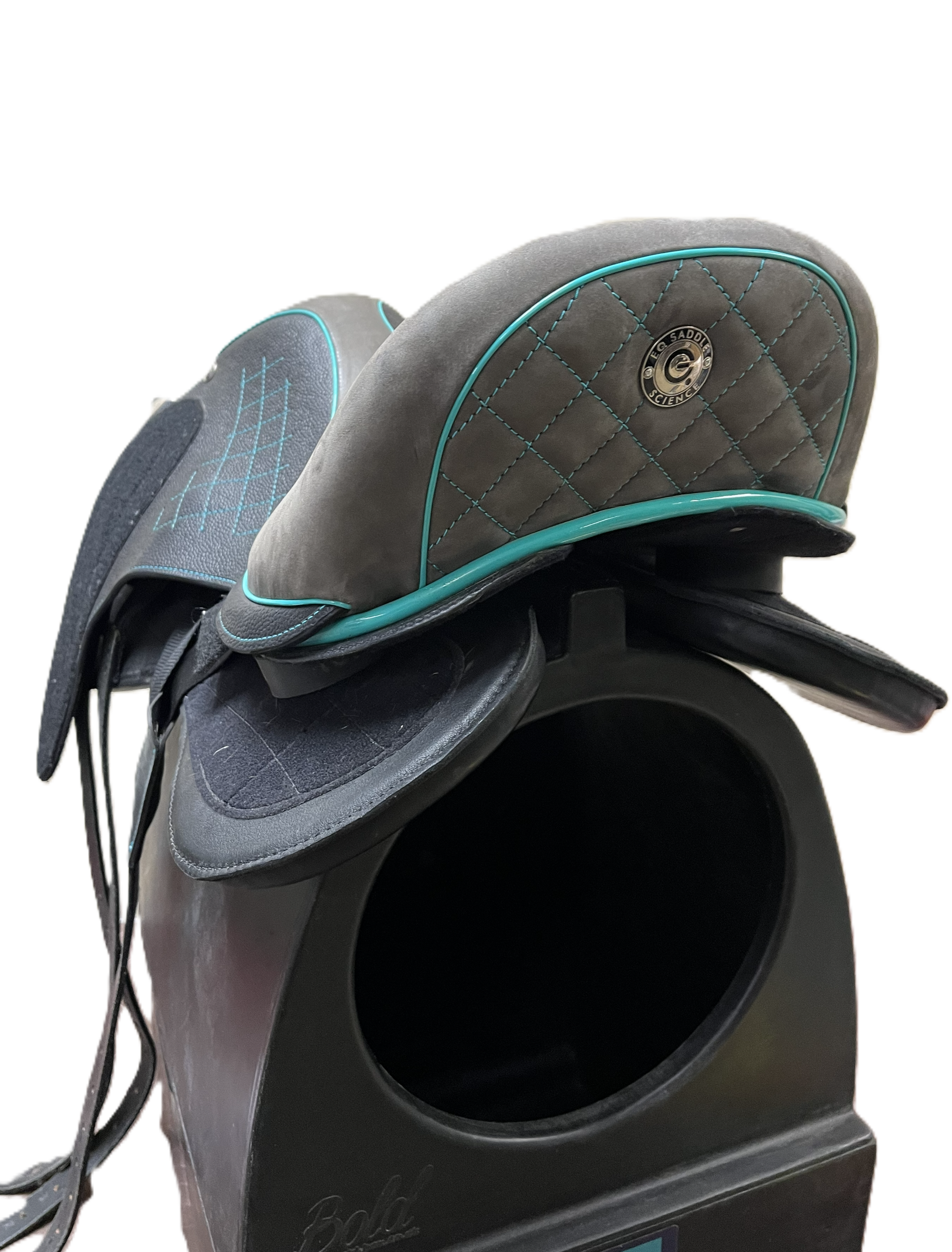 18.5" Frankie Flapless Dressage Saddle #25063: Black Memal with Grey Seat and Teal Accents