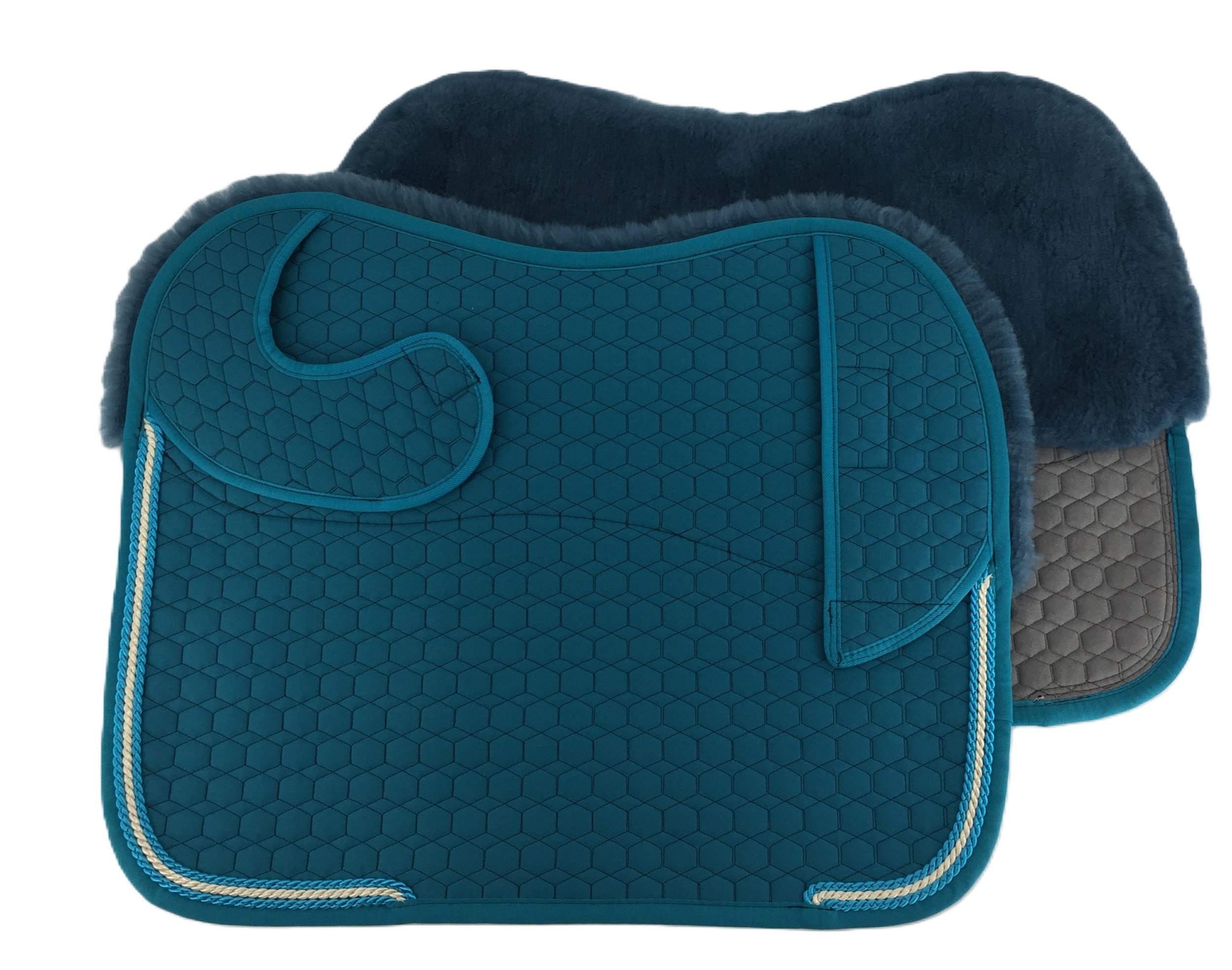 Cotton quilting petrol with petrol sheepskin and triple braid.jpg