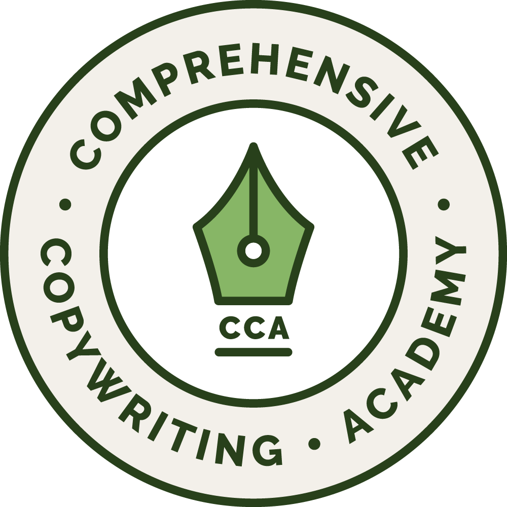 Seal or badge with text 'Comprehensive Copywriting Academy' and a green fountain pen nib icon in the center.