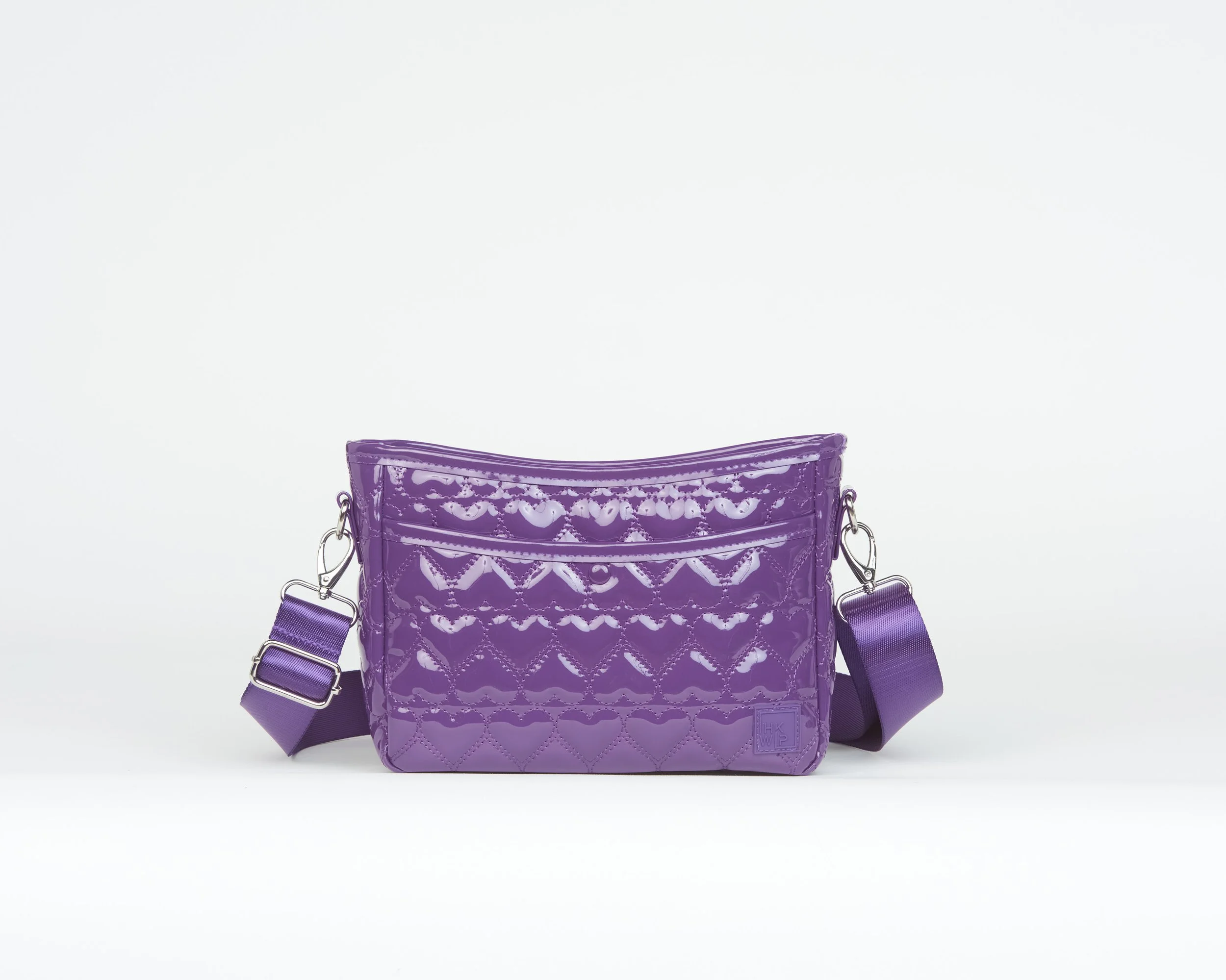 THE MINI MORE LOVE HEART QUILTED MESSENGER CROSSBODY - PATENT PURPLE