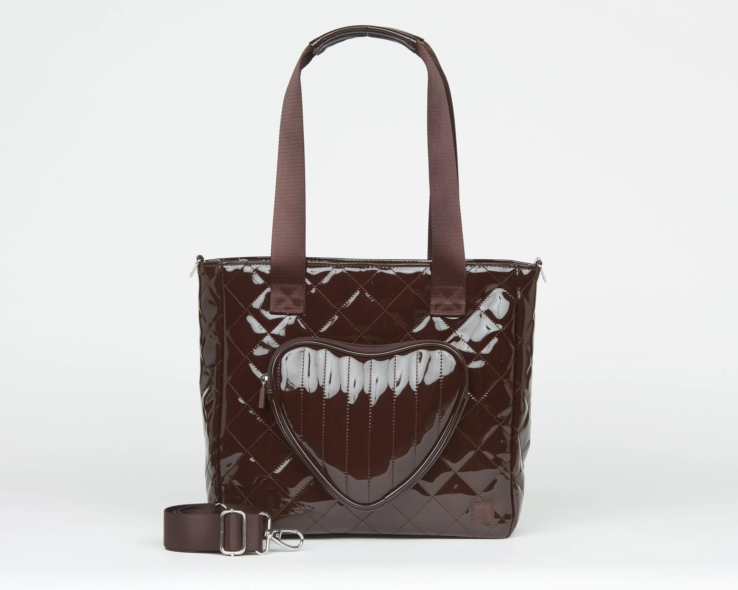 THE BE MY VALENTINE HEART TOTE W/ CROSSBODY STRAP - PATENT TRUFFLE