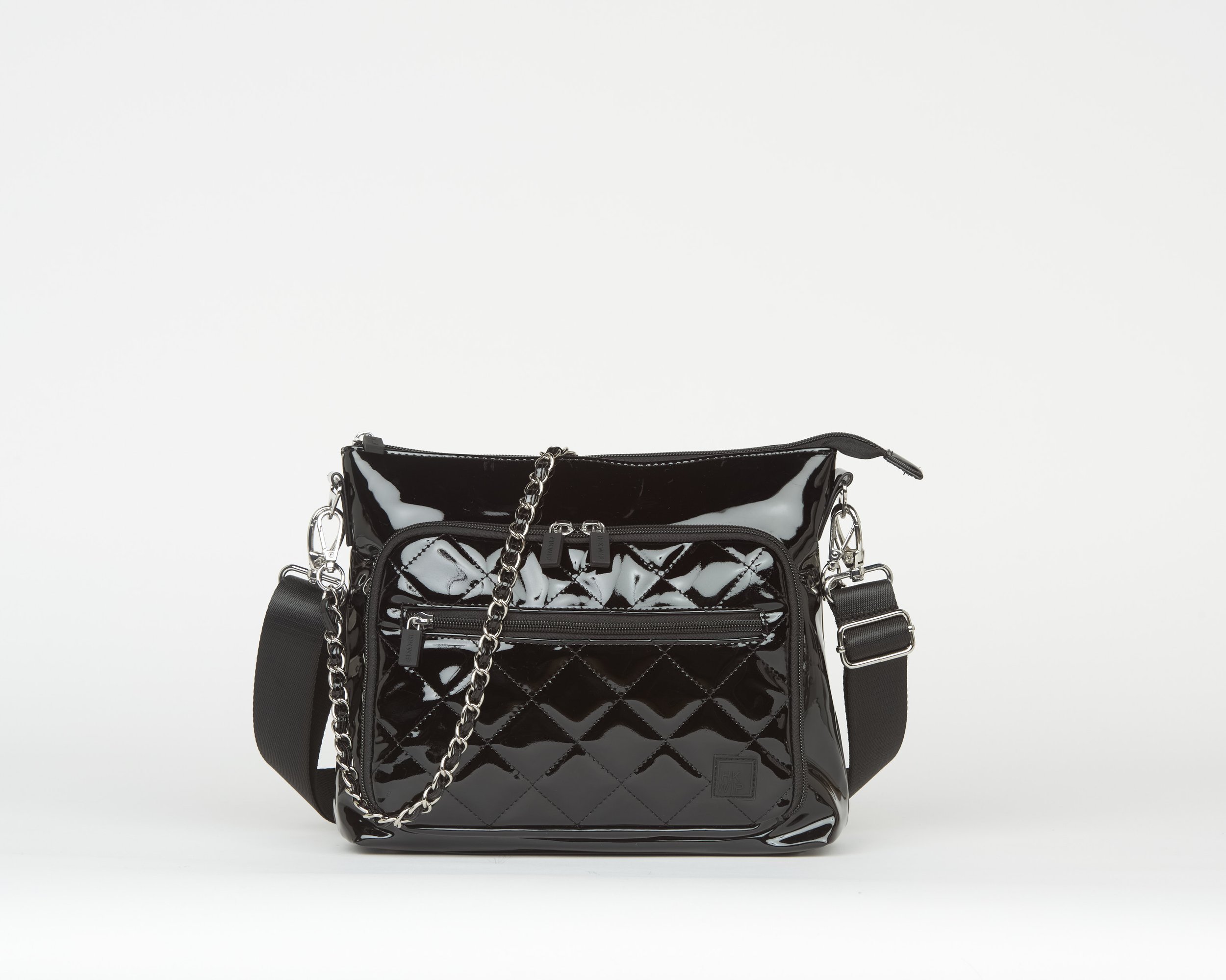 THE SENSATIONAL CHAIN SHOULDER BAG W/ CROSSBODY STRAP - PATENT BLACK