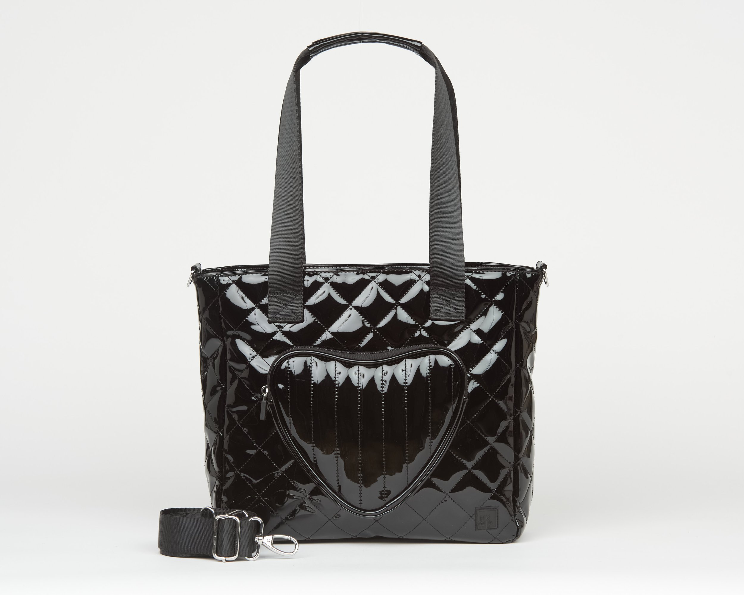 THE BE MY VALENTINE HEART TOTE W/ CROSSBODY STRAP - PATENT BLACK