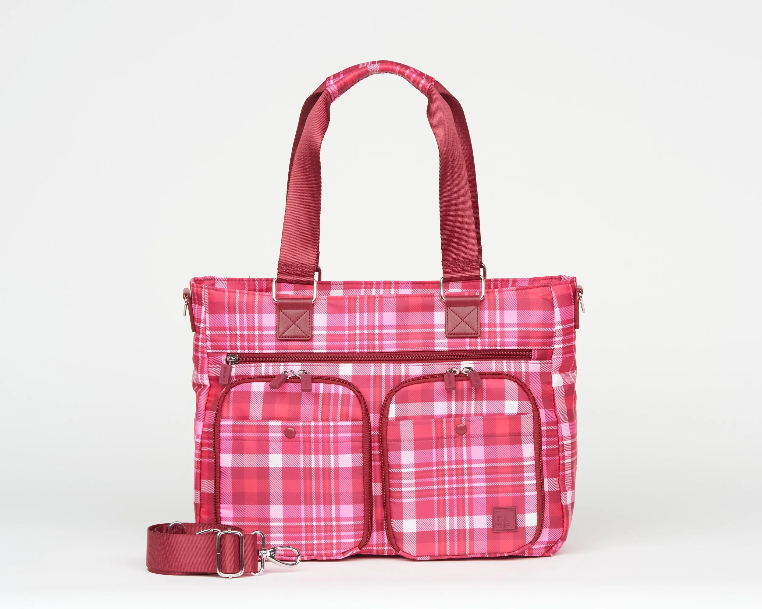 THE EXCELSIOR CARGO CATCHALL TOTE W/ CROSSBODY STRAP - BERRY PLAID