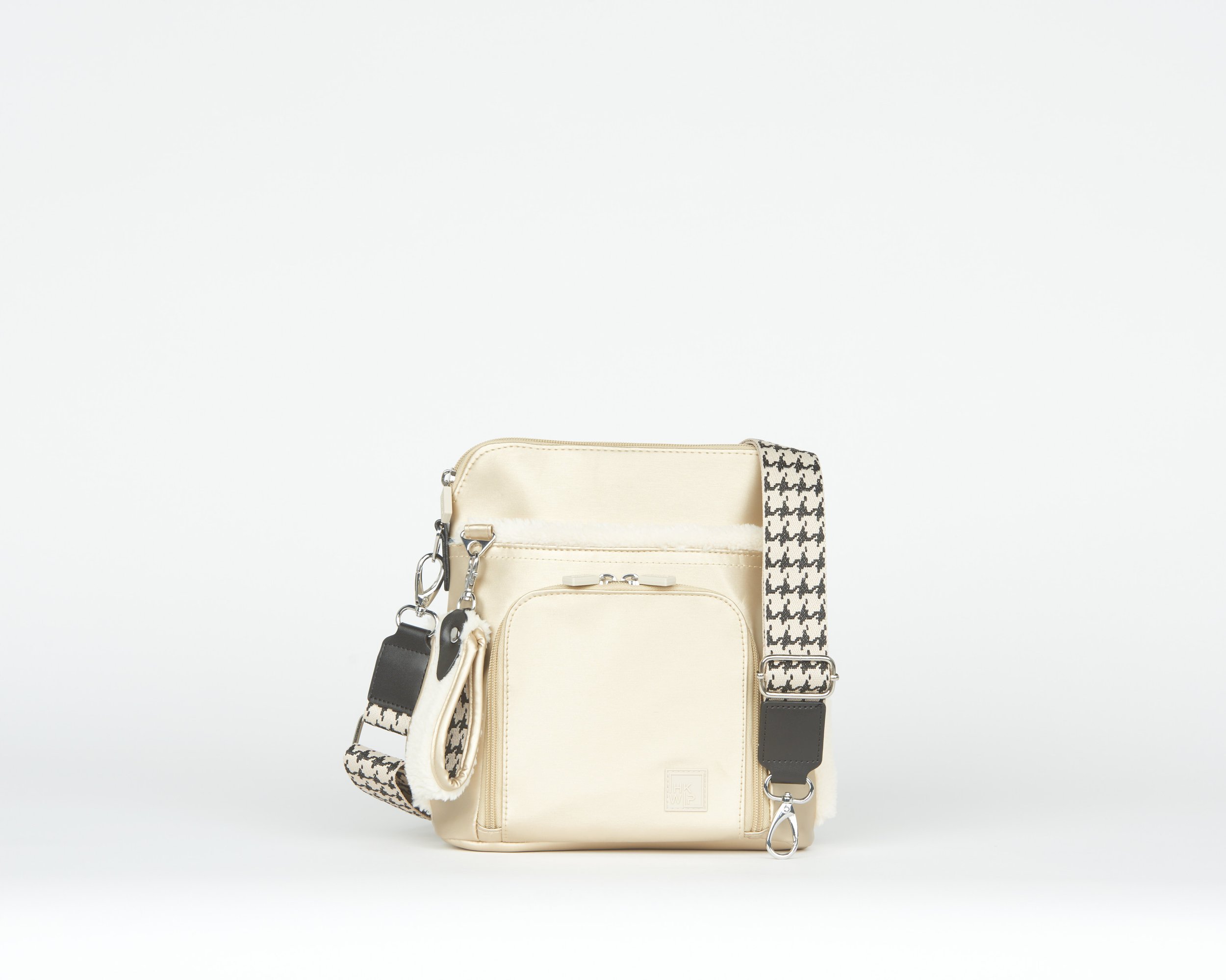 THE CITY SHERPA CROSSBODY WITH HOUNDSTOOTH STRAP - METALLIC CHAMPAGNE