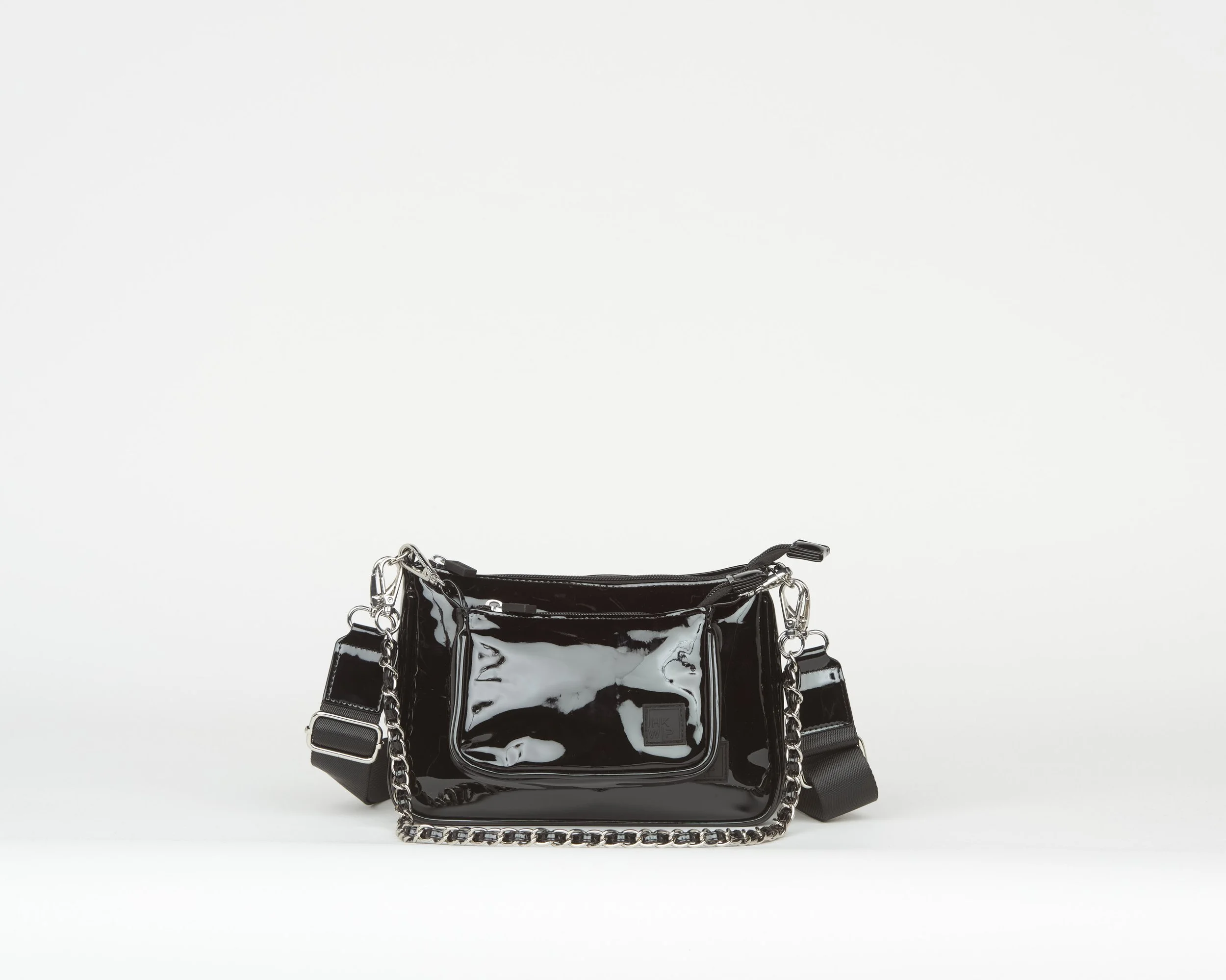 THE DUO POUCH CROSSBODY WITH CHAIN STRAP - PATENT BLACK