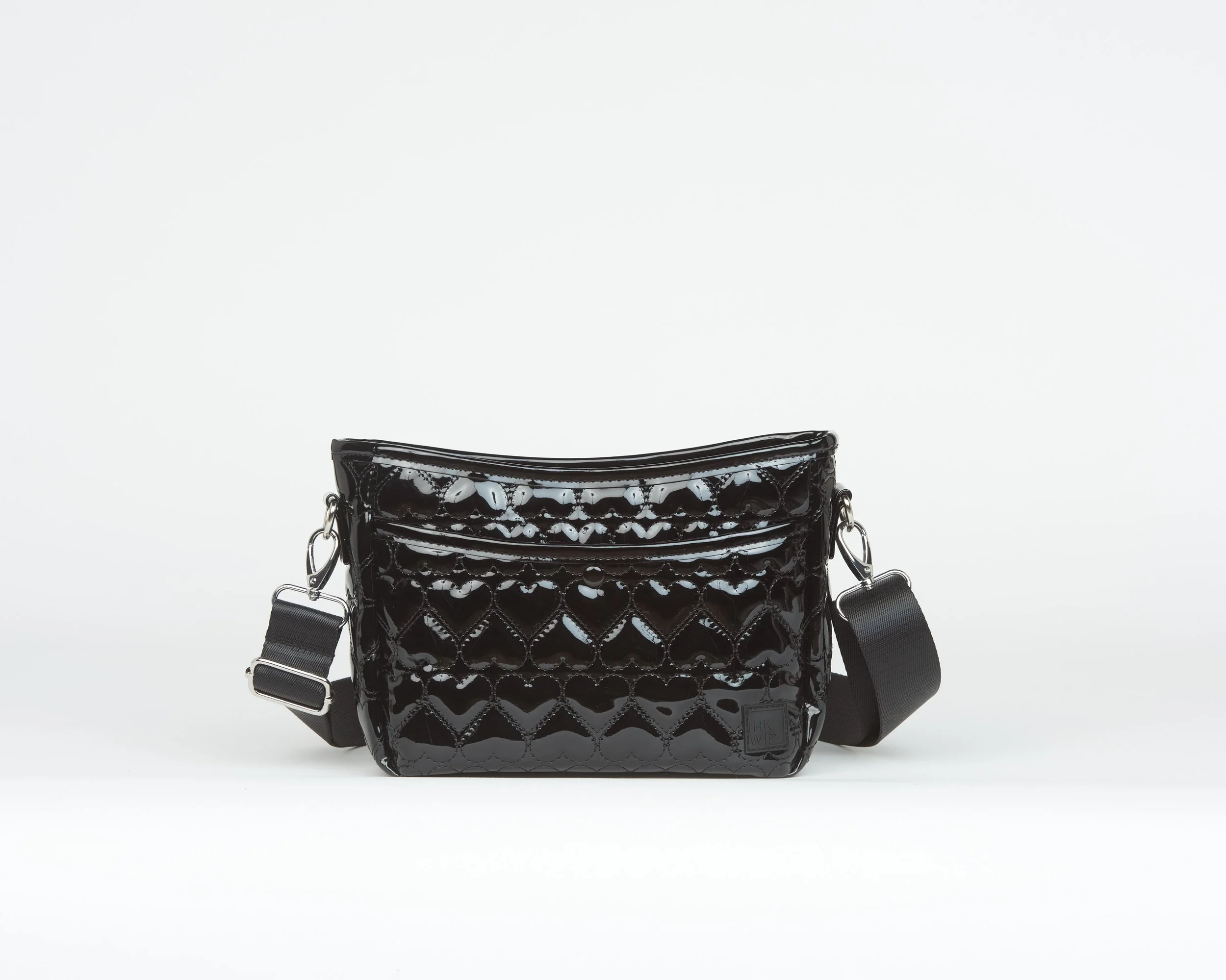 THE MINI MORE LOVE HEART QUILTED MESSENGER CROSSBODY - PATENT BLACK