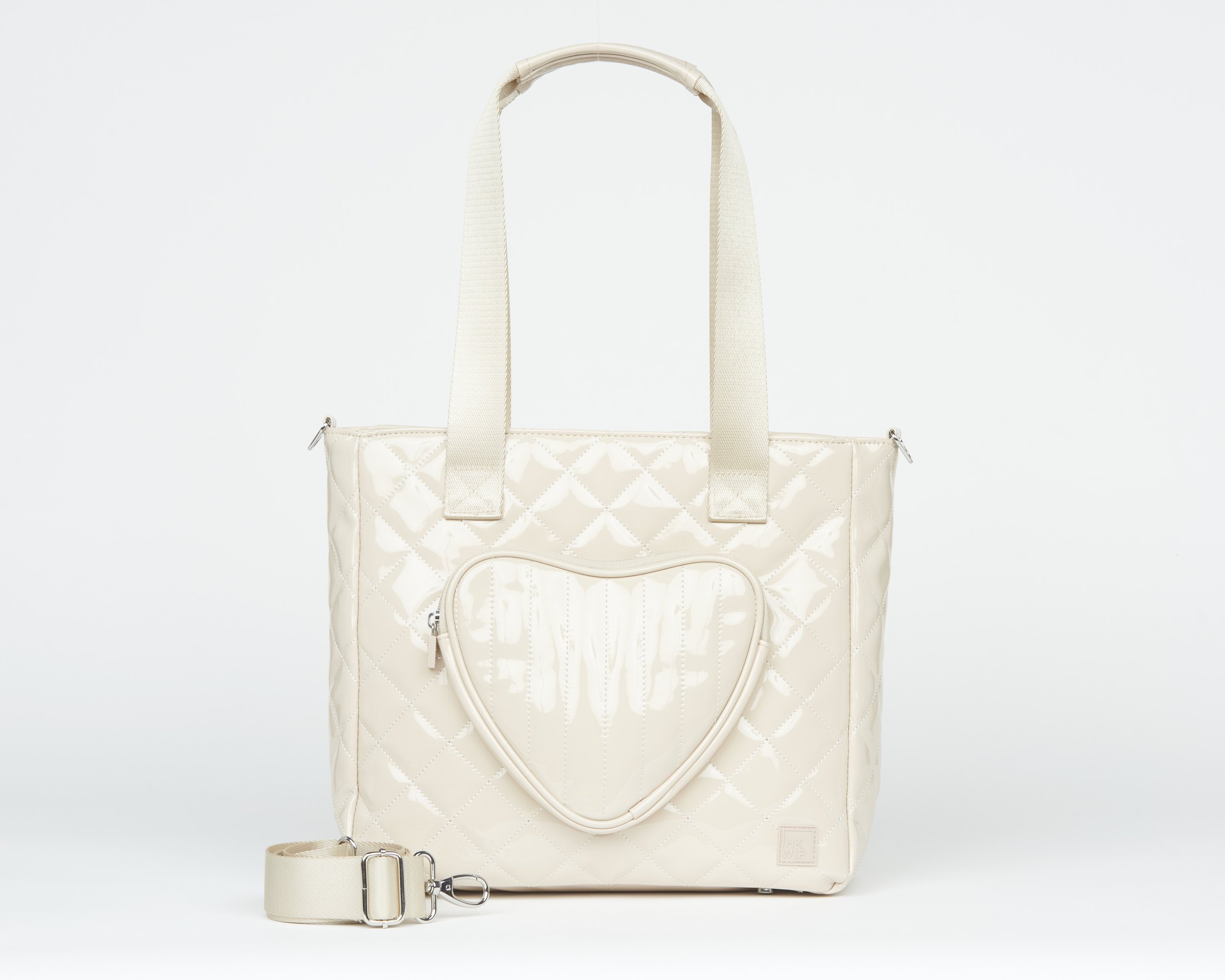 THE BE MY VALENTINE HEART TOTE W/ CROSSBODY STRAP - PATENT SAND