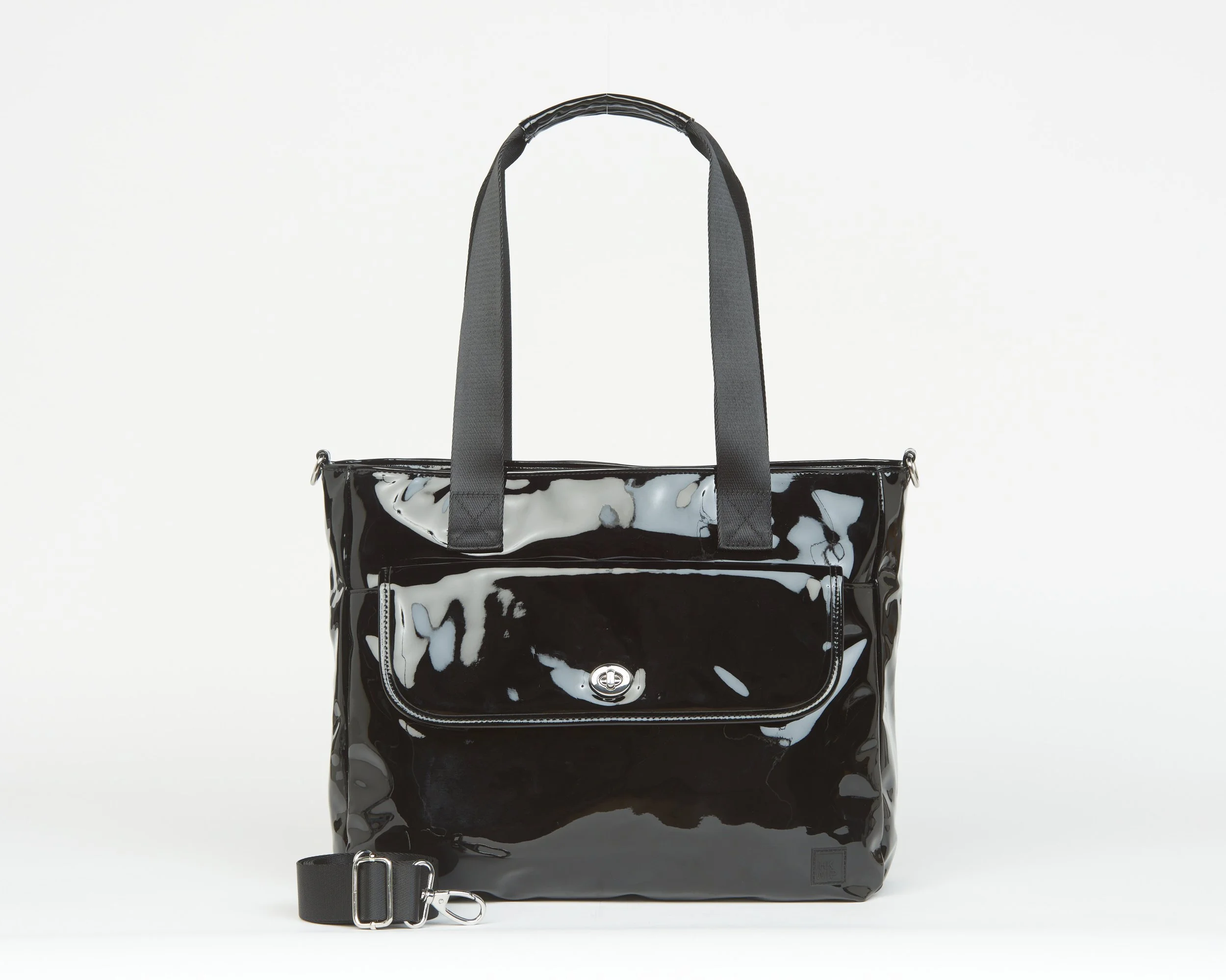 THE WITH-A-TWIST TURN LOCK TOTE WITH CROSSBODY STRAP - PATENT BLACK