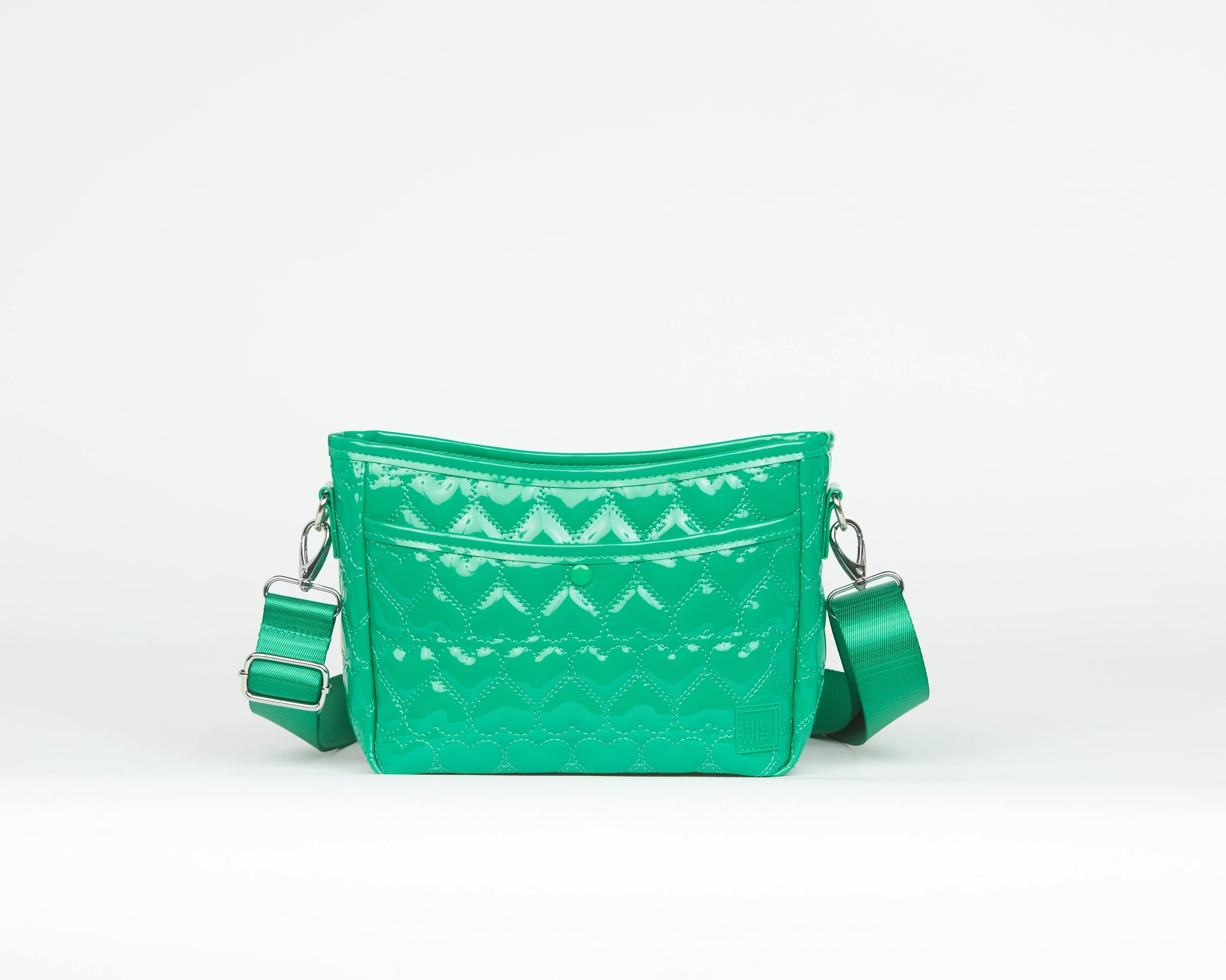 THE MINI MORE LOVE HEART QUILTED MESSENGER CROSSBODY - PATENT GREEN